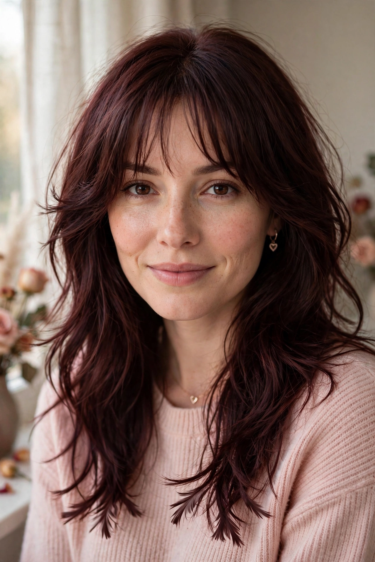 feathered airy bangs with face-framing layers in deep burgundy brown with feathered ends