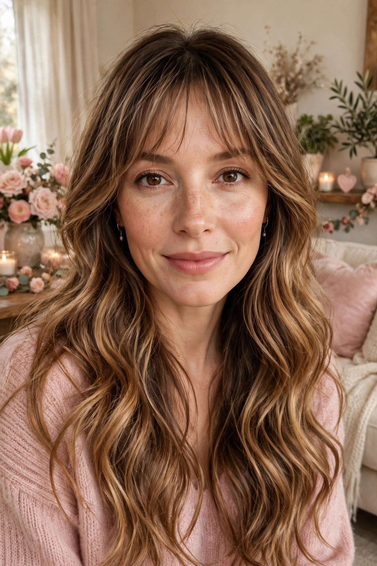 feathered airy bangs with long soft waves in caramel balayage with brunch-soft finish