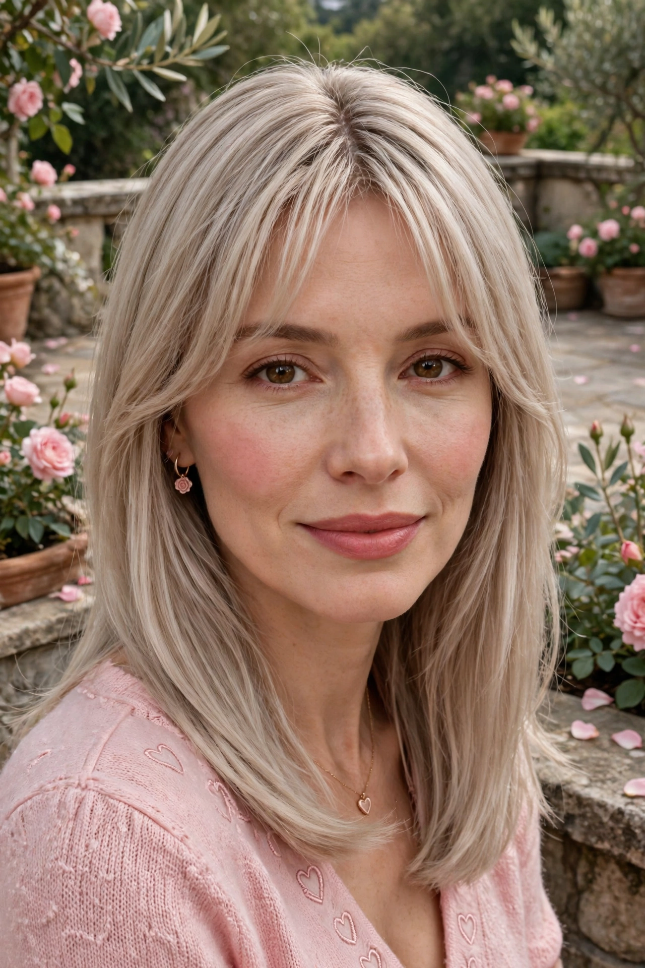 feathered airy bangs with shoulder-length sleek hair in ash blonde with centre part