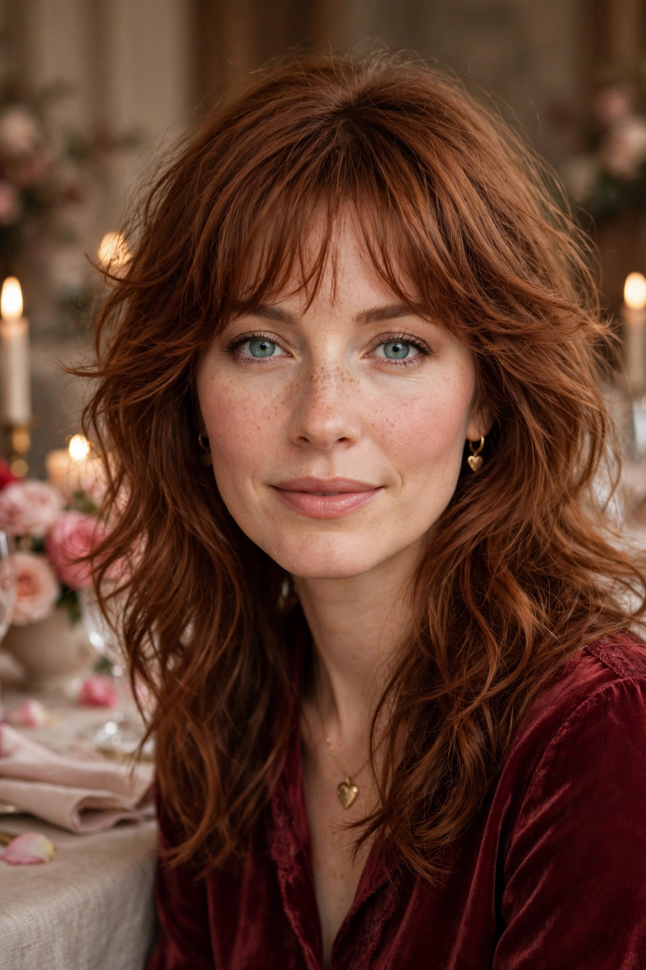feathered airy bangs with medium tousled waves in warm auburn with feathered ends