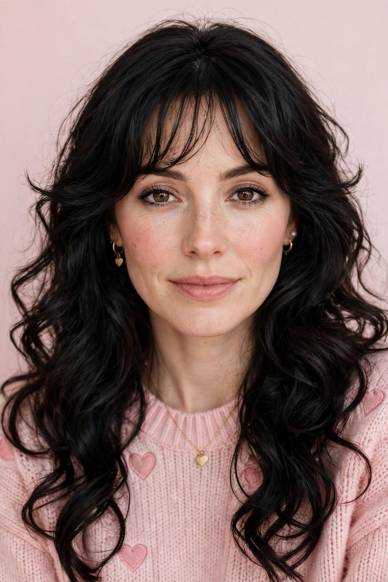 feathered airy bangs with long loose curls in espresso black with brunch-soft finish