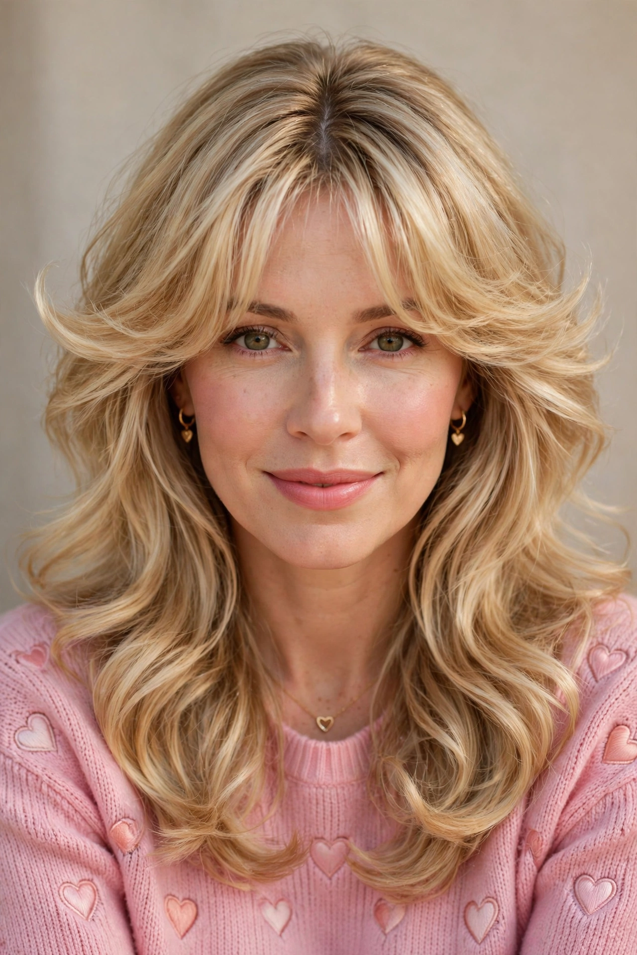feathered airy bangs with a bouncy blowout in honey blonde with centre part
