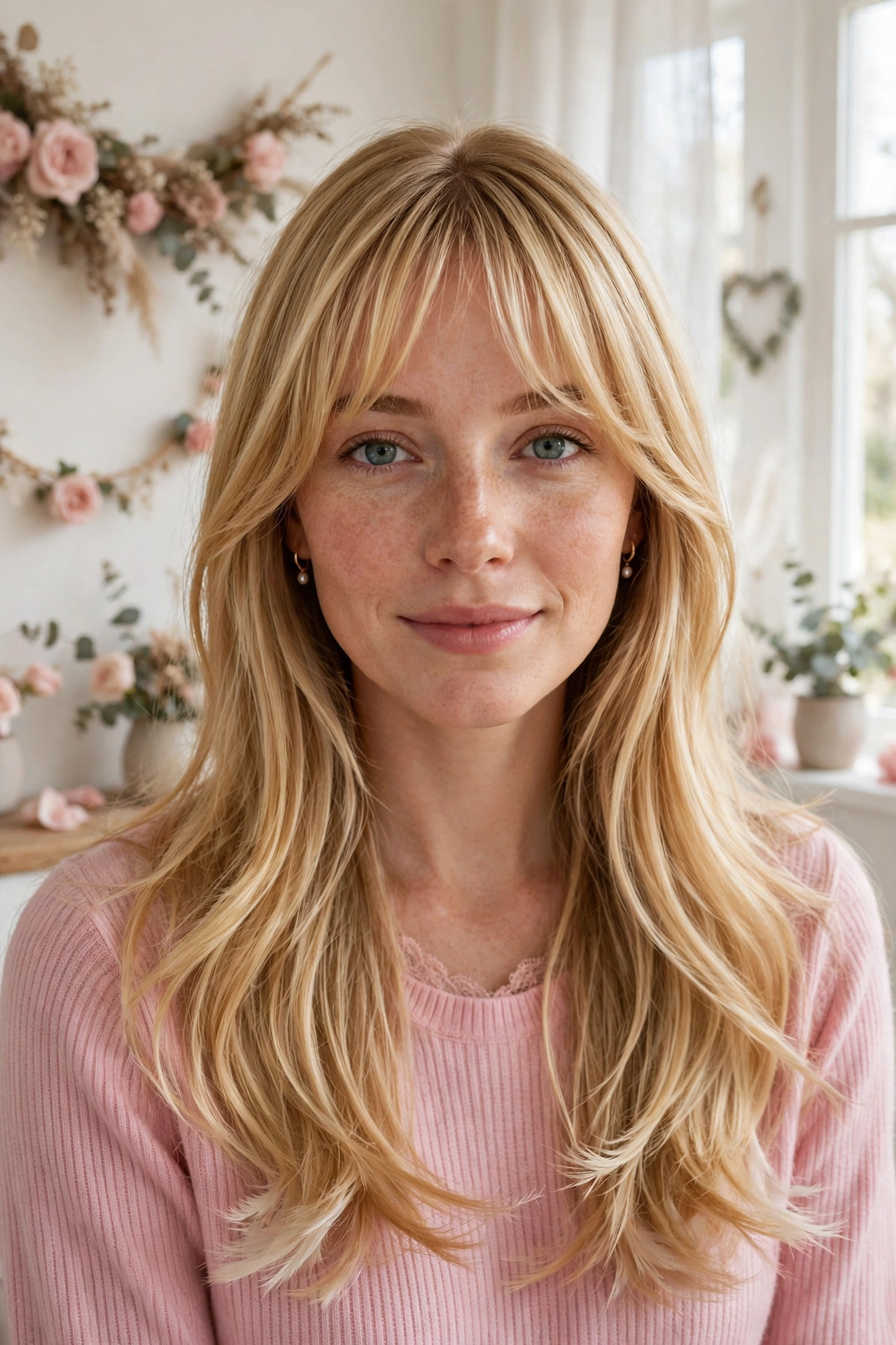 feathered airy bangs with straight glossy hair in golden blonde with feathered ends