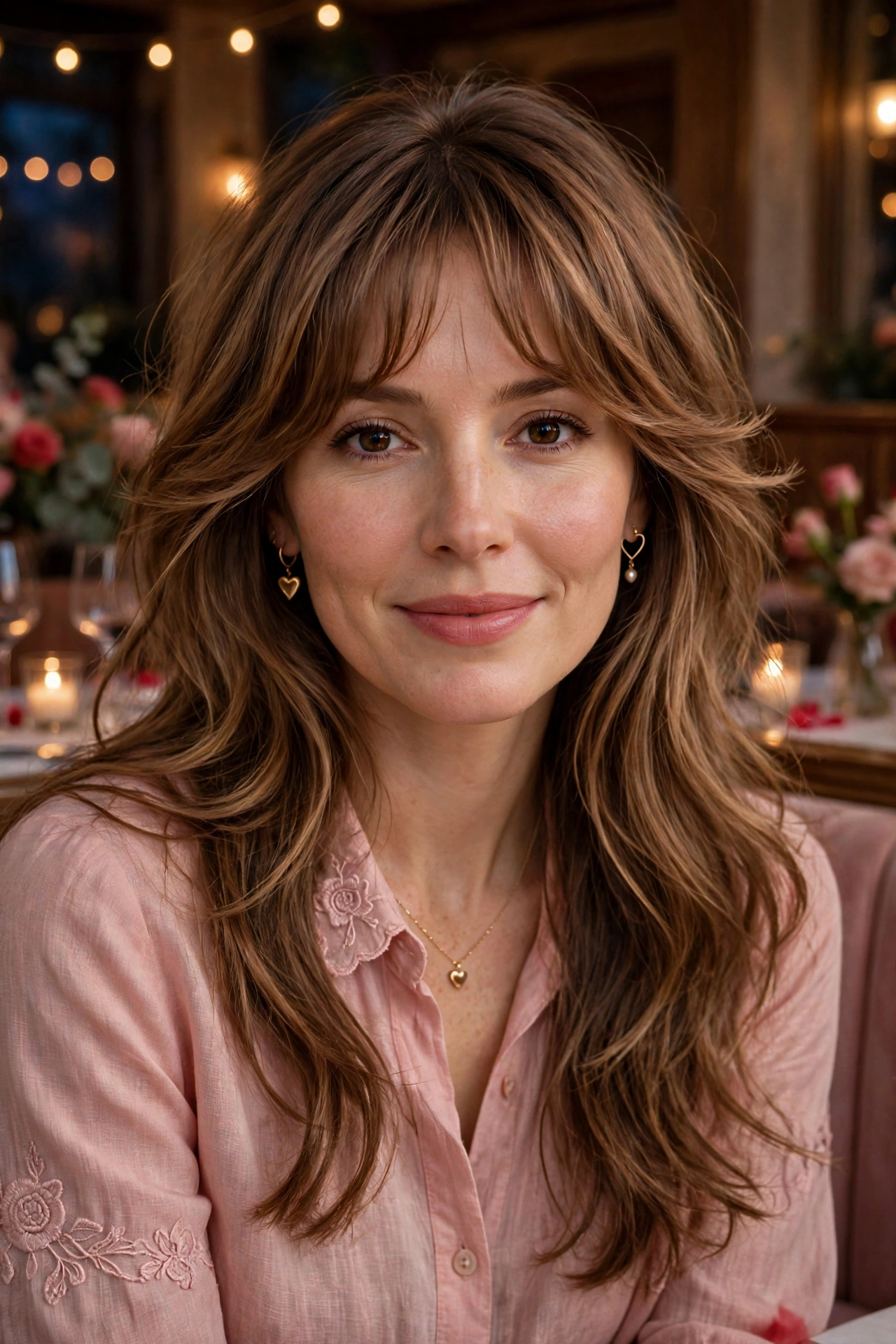 feathered airy bangs with soft curtain blending in toffee brown with brunch-soft finish