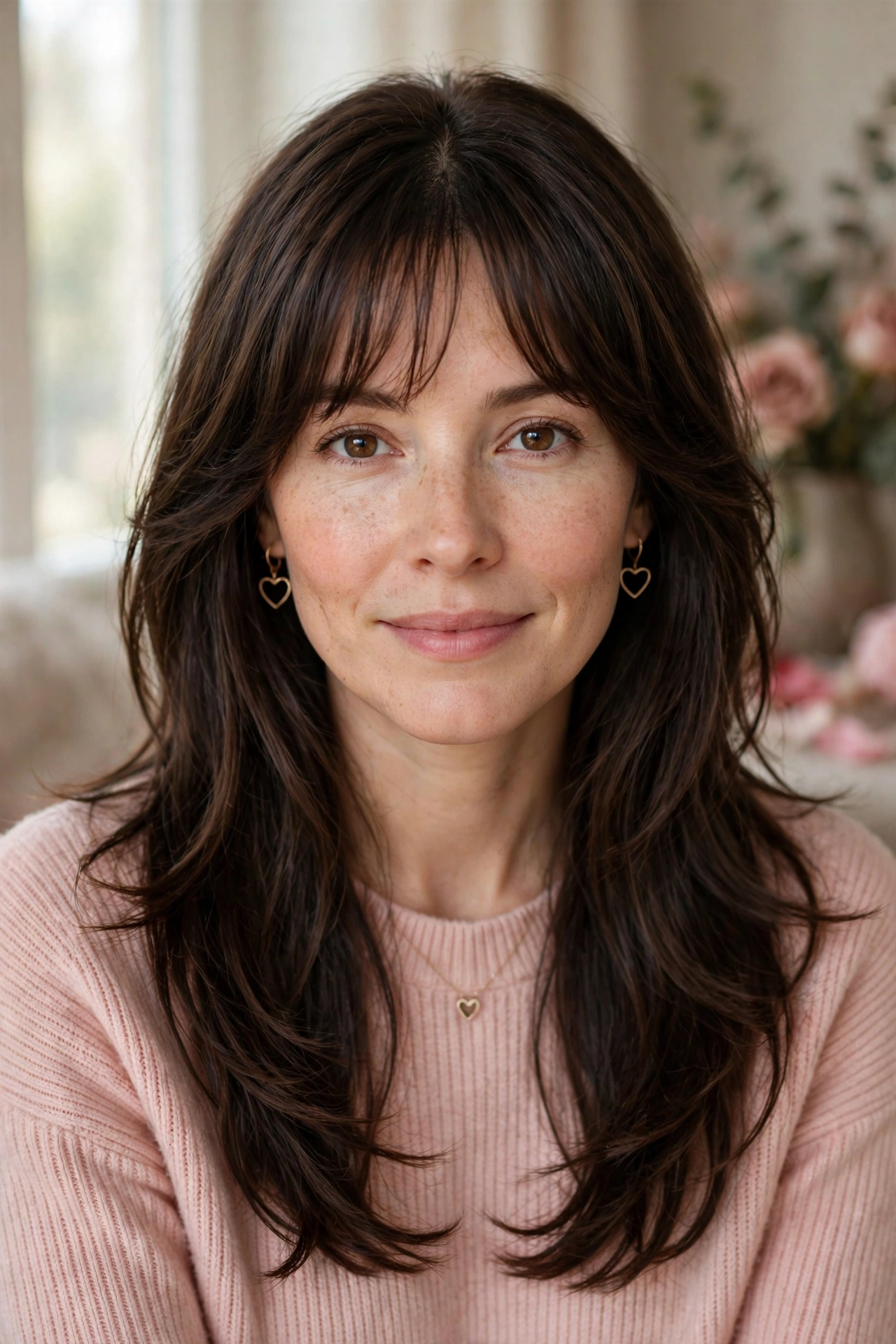 feathered airy bangs with layered ends in dark chocolate brown with centre part