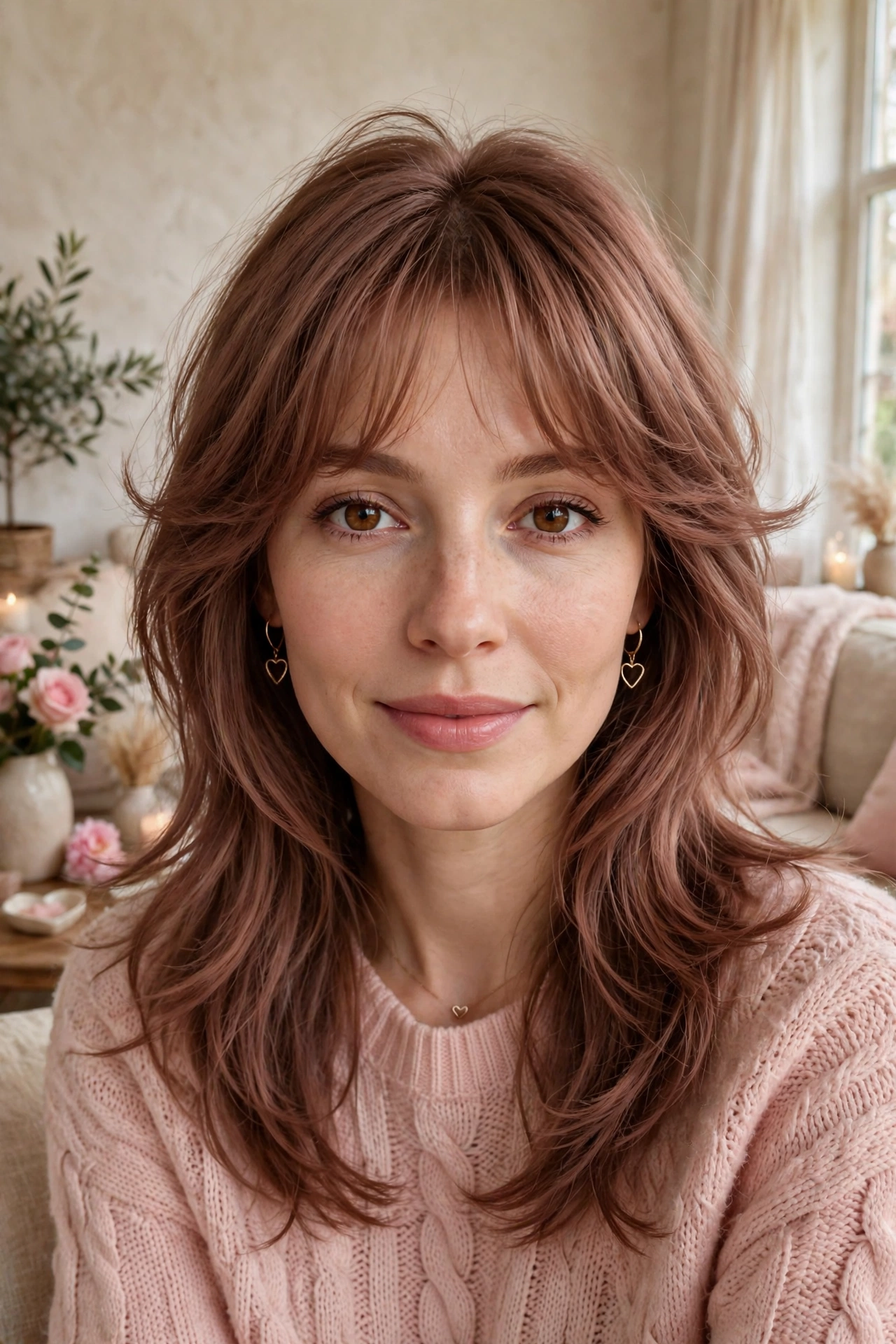 feathered airy bangs with gentle volume at the crown in rose brown with feathered ends