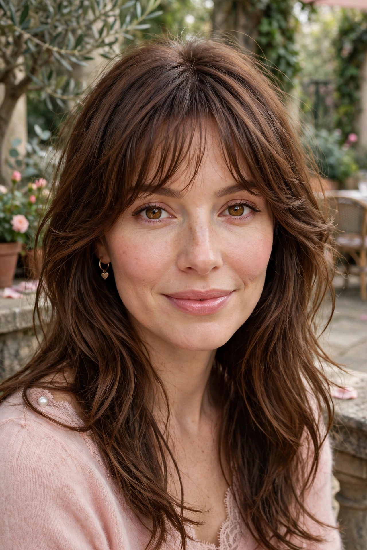 feathered airy bangs with face-framing layers in chestnut brown with brunch-soft finish