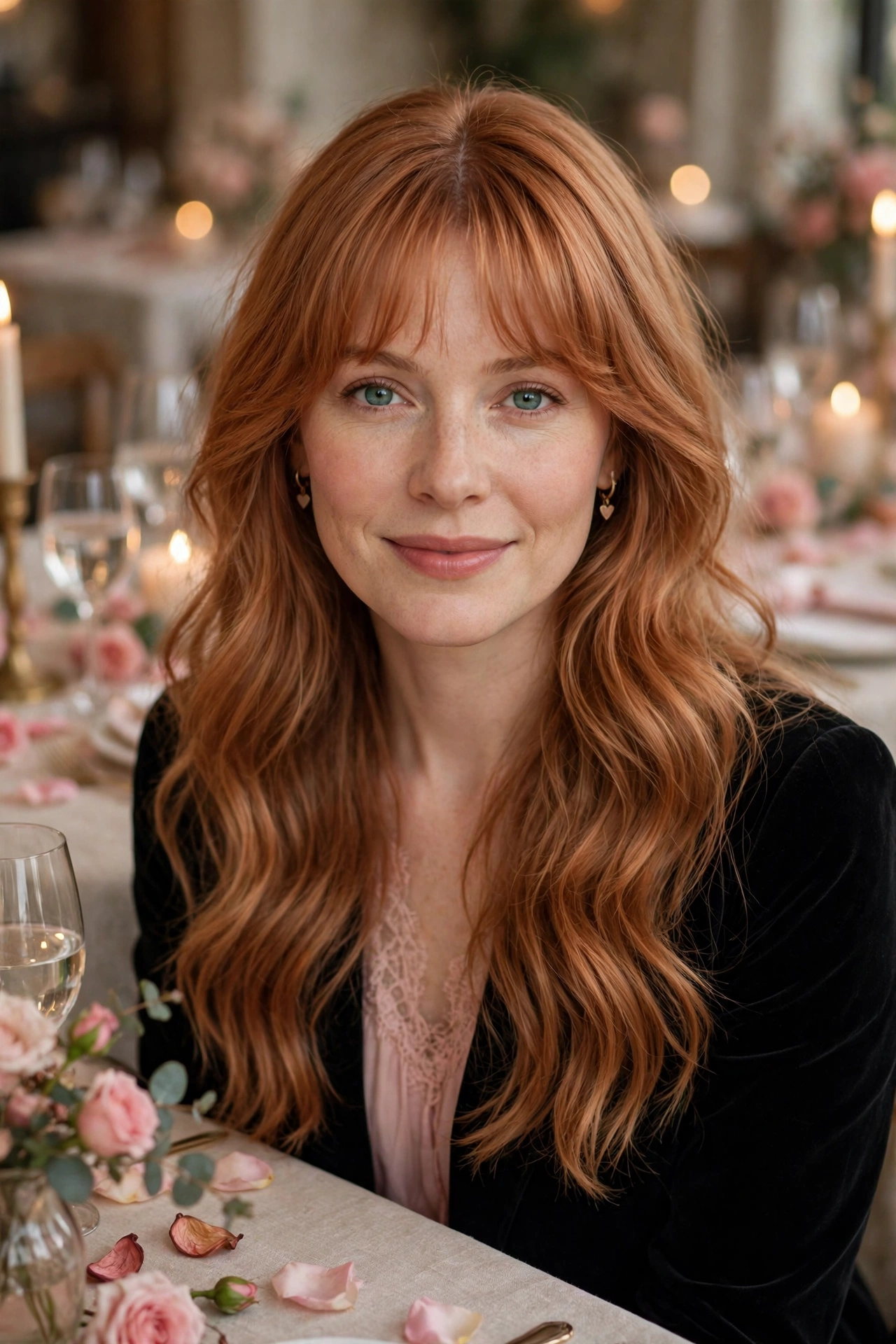 feathered airy bangs with long soft waves in soft copper with centre part