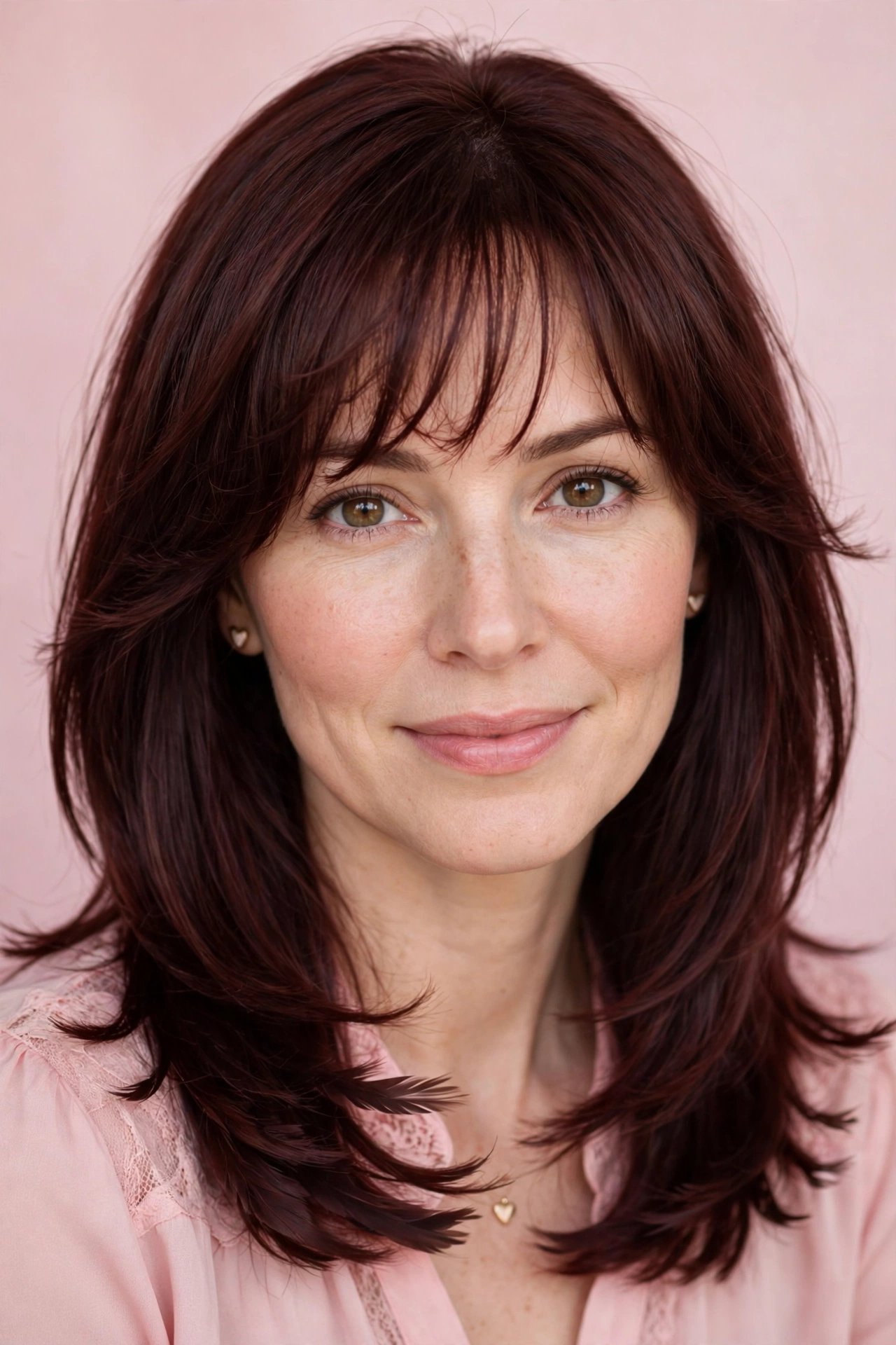 feathered airy bangs with shoulder-length sleek hair in deep burgundy brown with feathered ends
