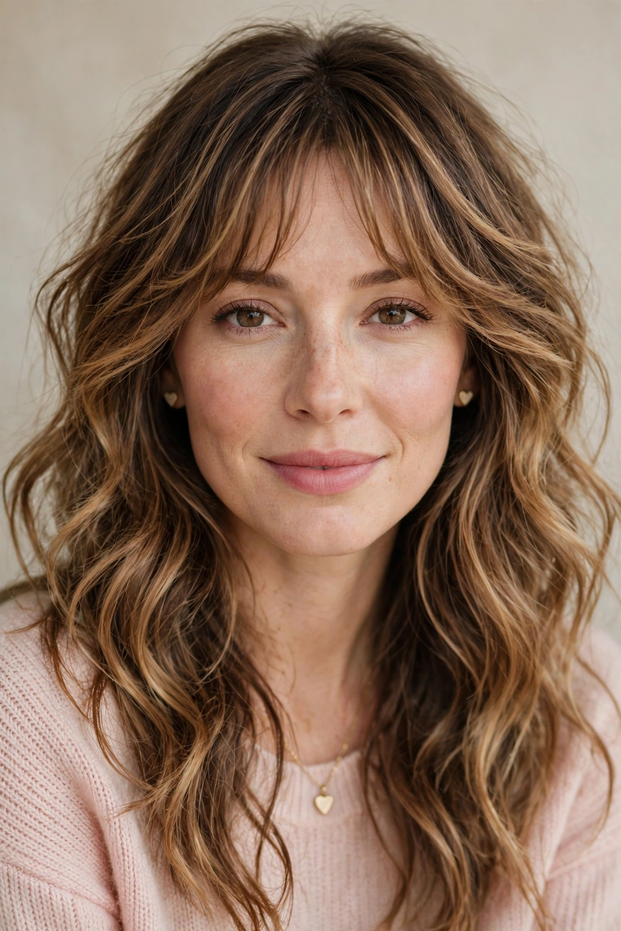 feathered airy bangs with medium tousled waves in caramel balayage with brunch-soft finish