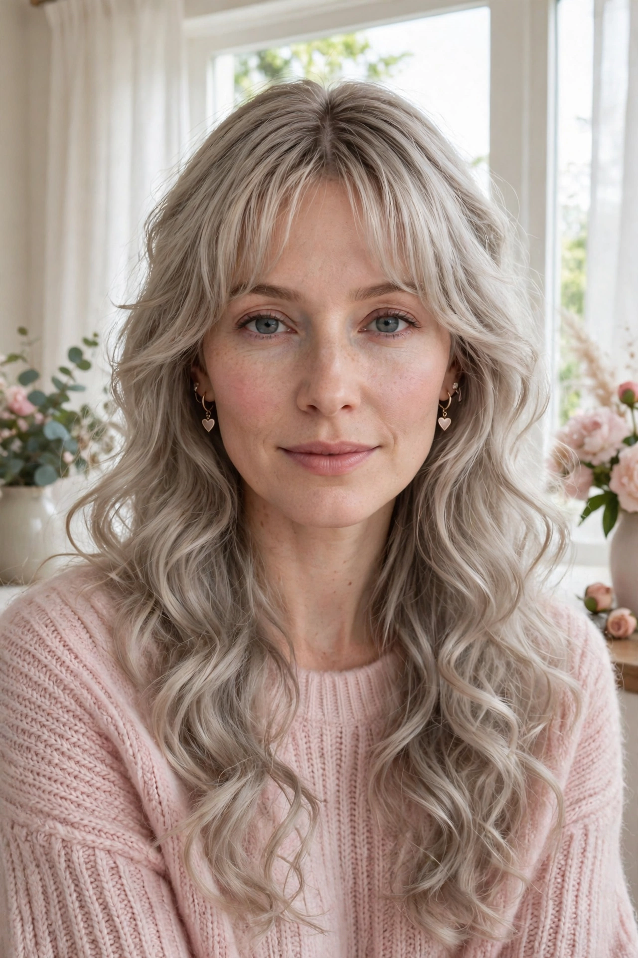 feathered airy bangs with long loose curls in ash blonde with centre part