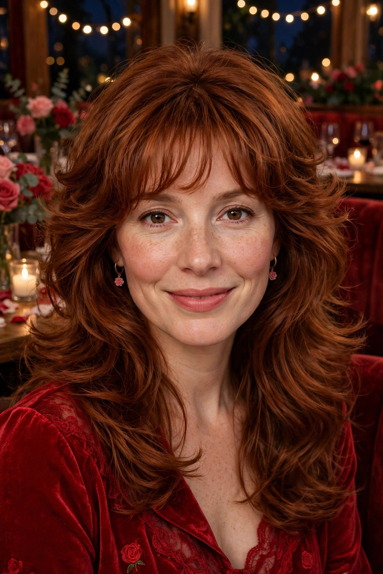 feathered airy bangs with a bouncy blowout in warm auburn with feathered ends