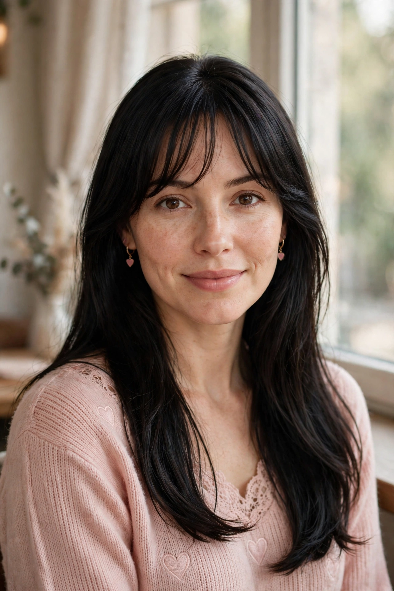 feathered airy bangs with straight glossy hair in espresso black with brunch-soft finish