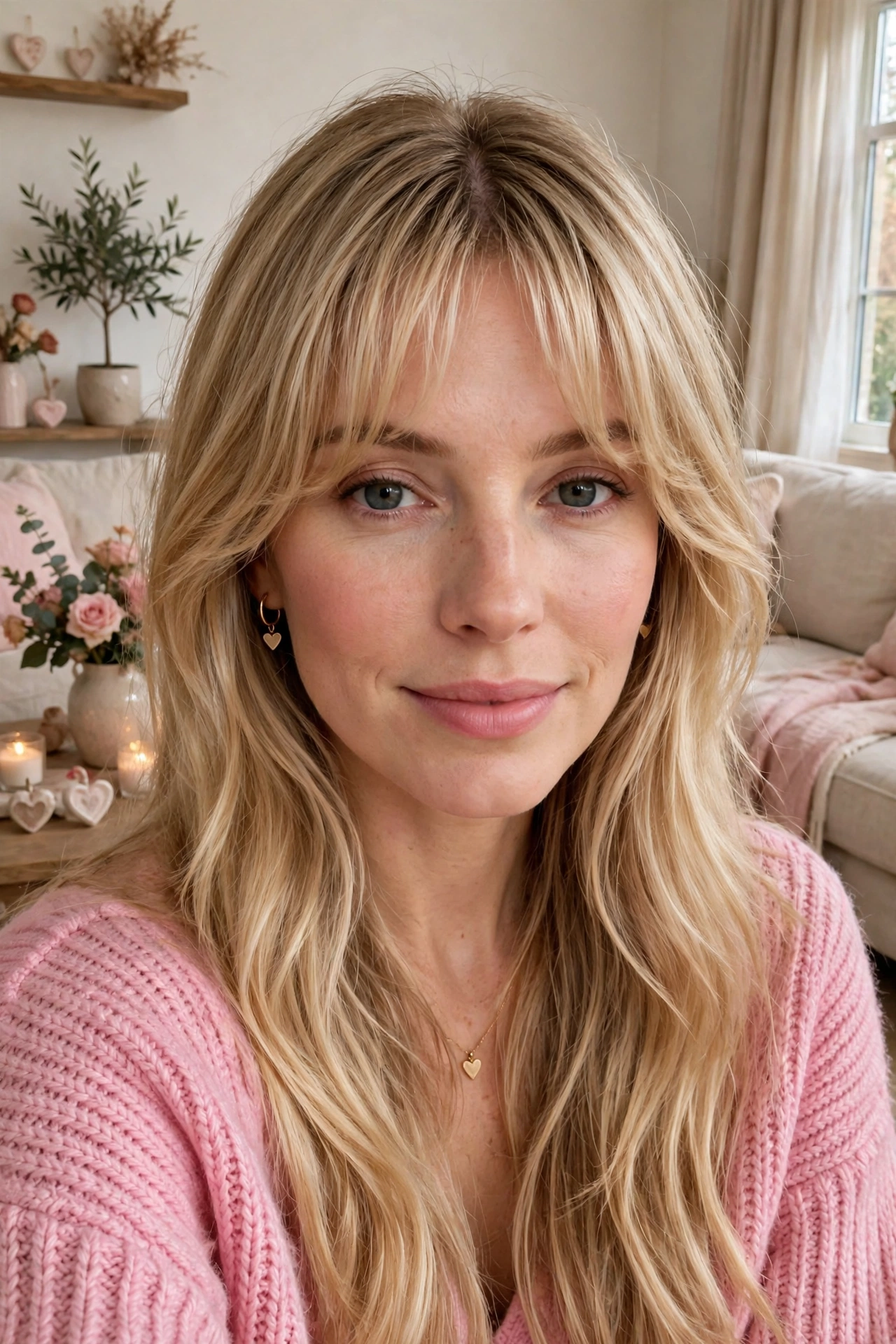feathered airy bangs with soft curtain blending in honey blonde with centre part