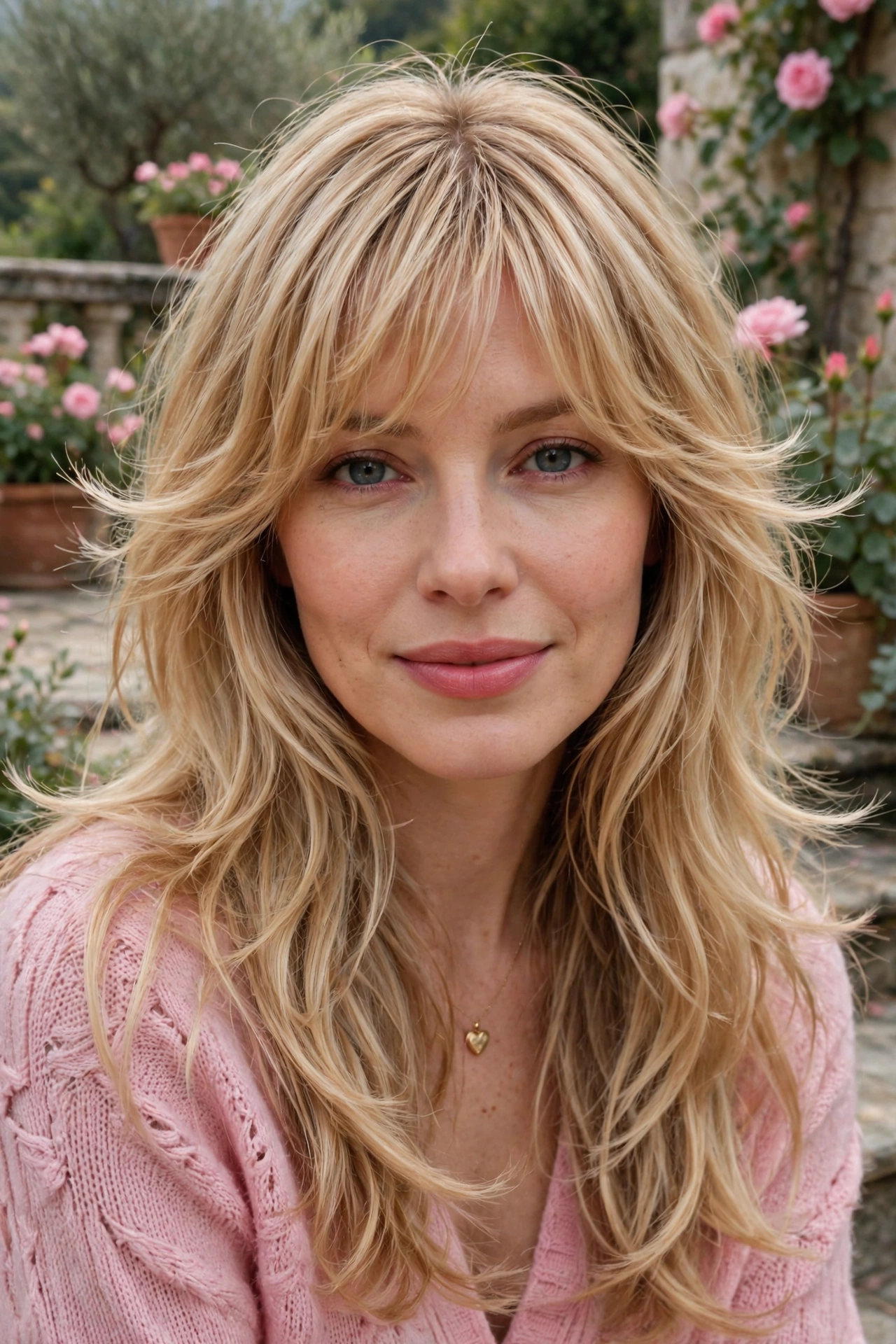 feathered airy bangs with layered ends in golden blonde with feathered ends