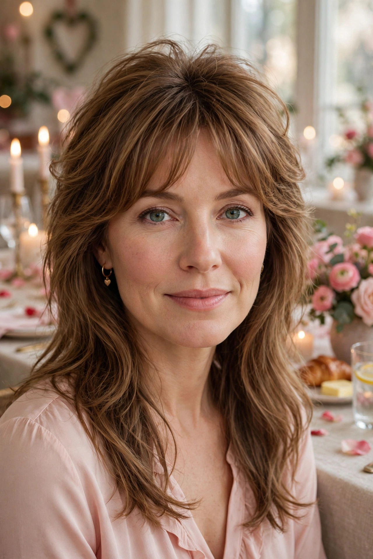 feathered airy bangs with gentle volume at the crown in toffee brown with brunch-soft finish