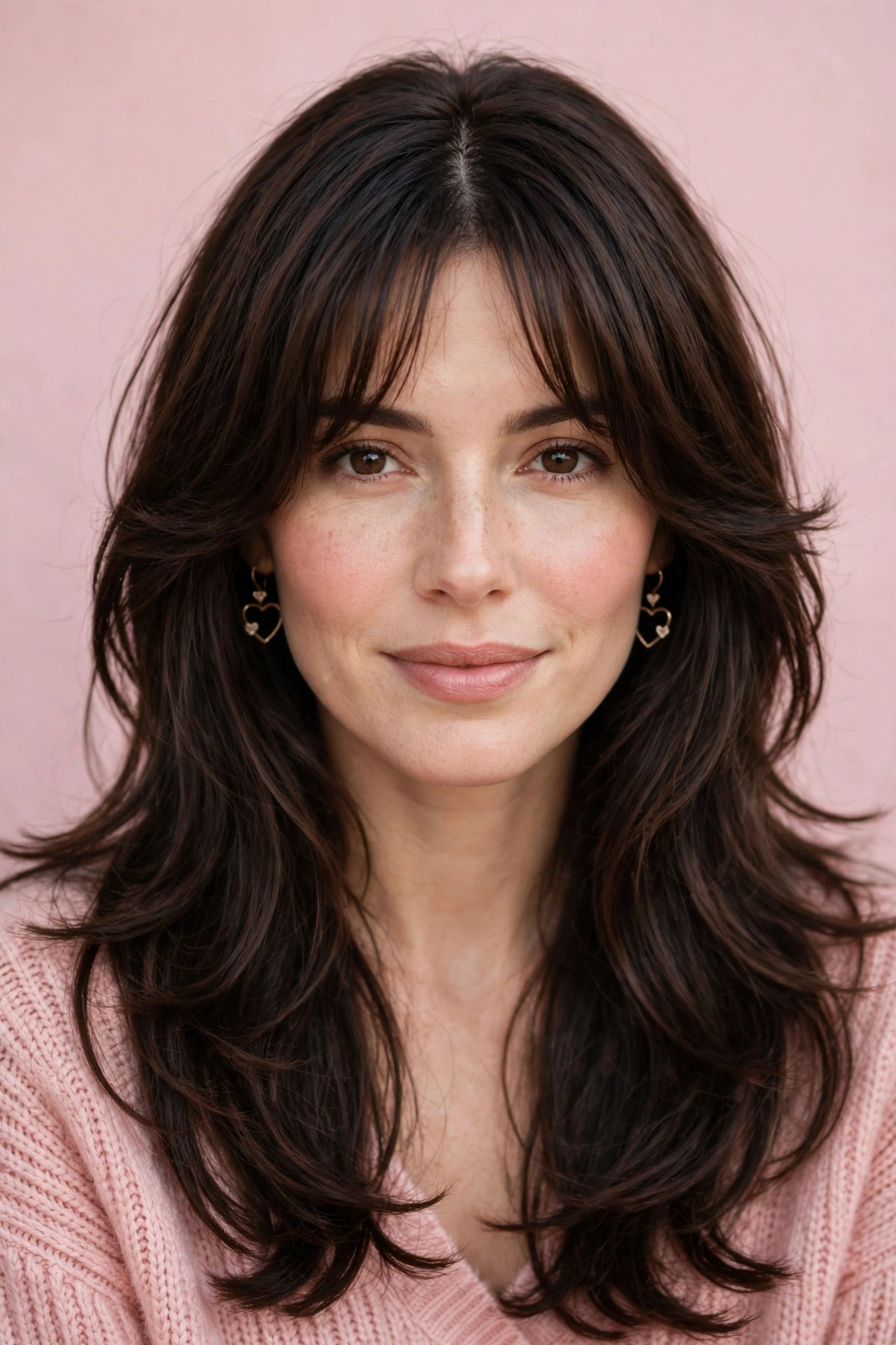 feathered airy bangs with face-framing layers in dark chocolate brown with centre part