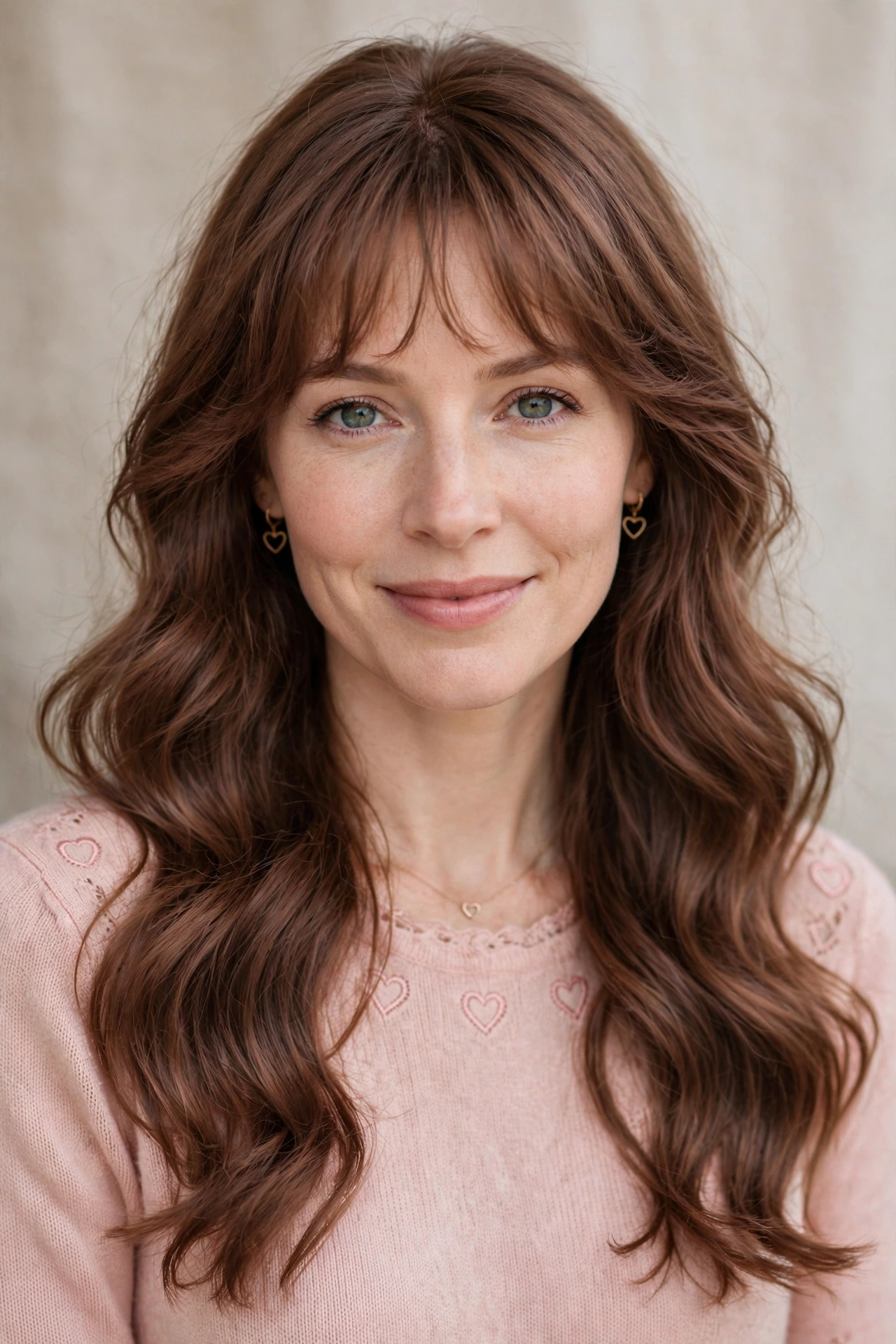 feathered airy bangs with long soft waves in rose brown with feathered ends