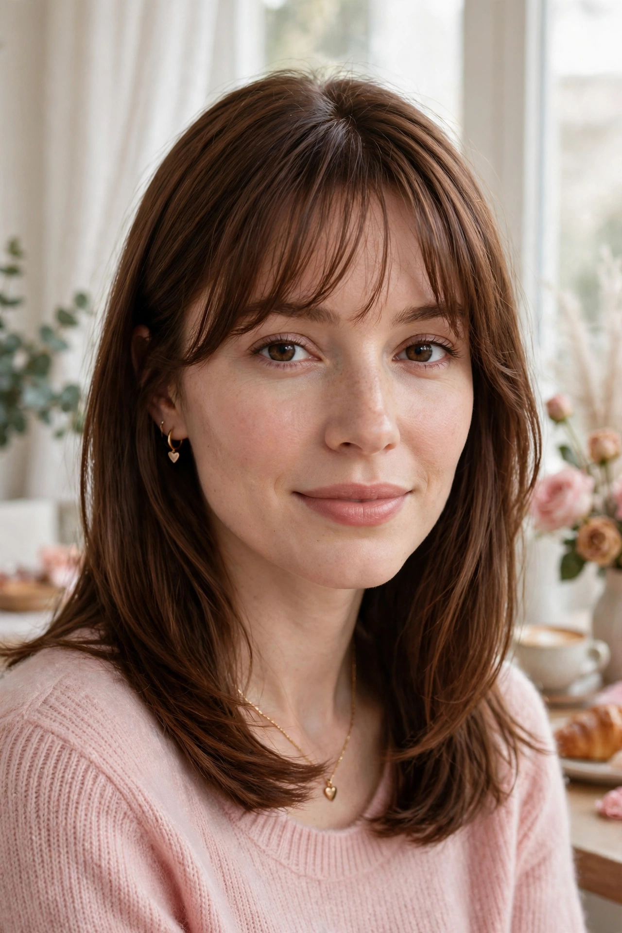 feathered airy bangs with shoulder-length sleek hair in chestnut brown with brunch-soft finish