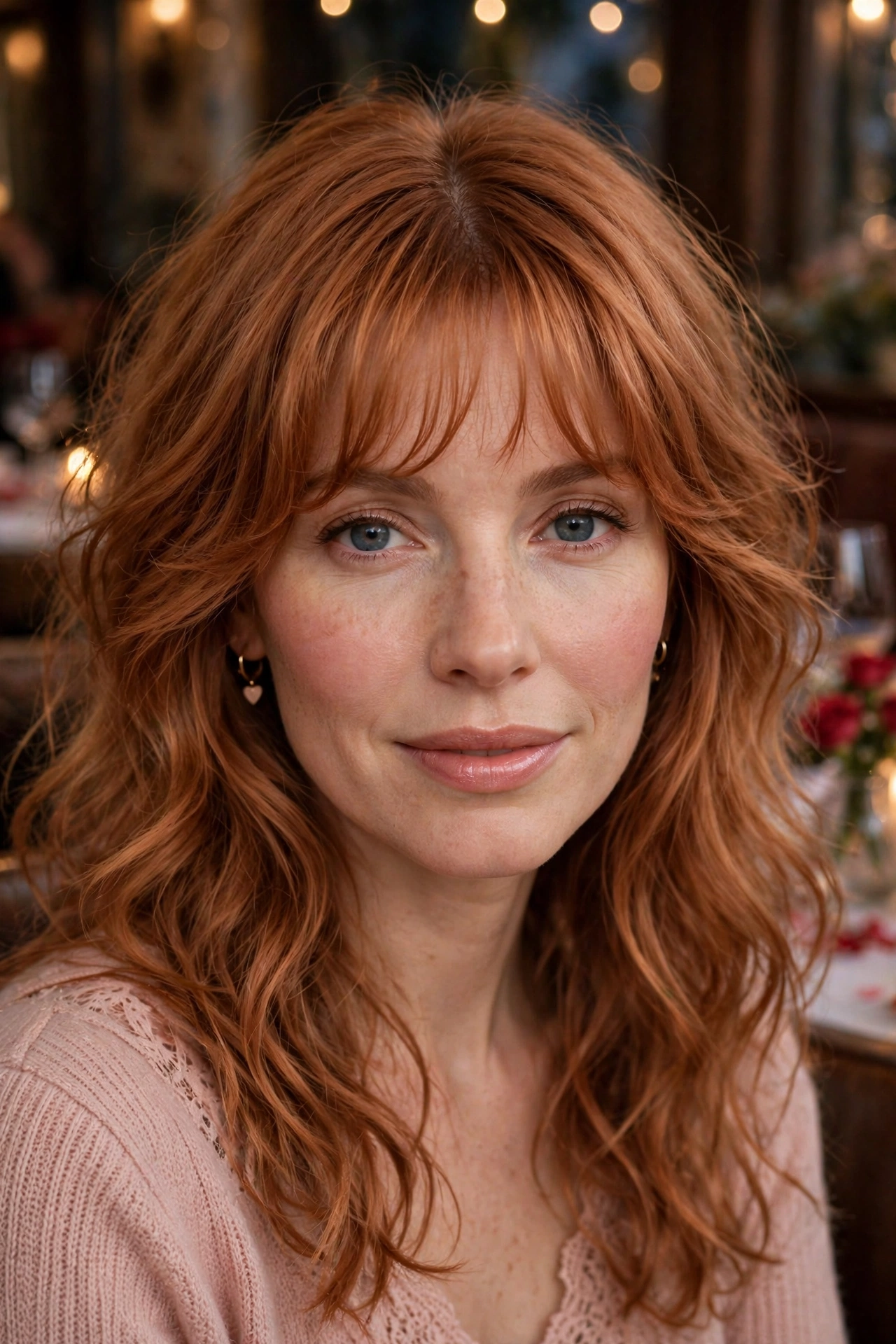 feathered airy bangs with medium tousled waves in soft copper with centre part