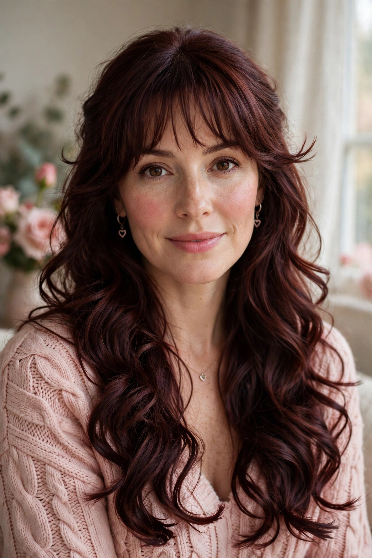 feathered airy bangs with long loose curls in deep burgundy brown with feathered ends