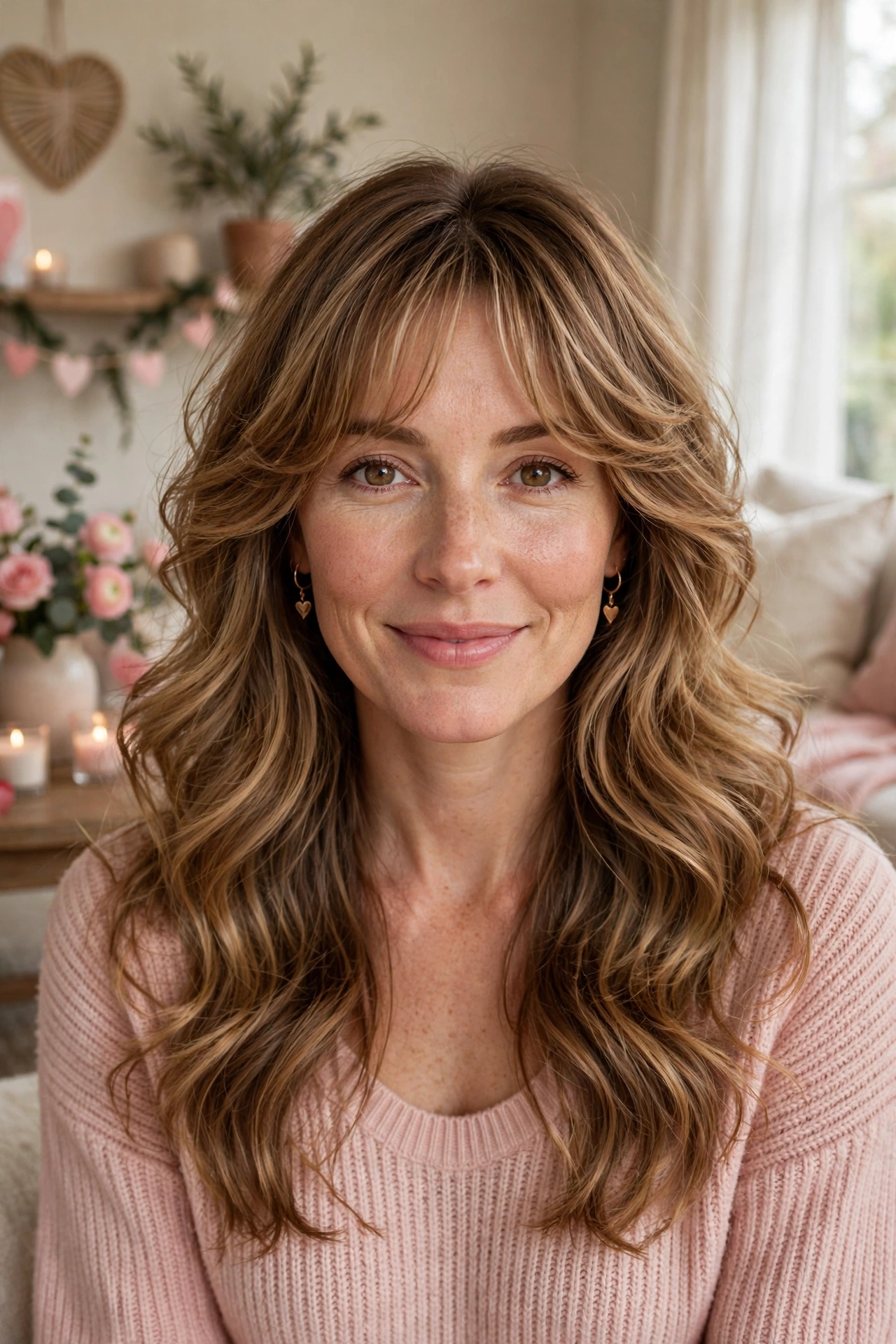 feathered airy bangs with a bouncy blowout in caramel balayage with brunch-soft finish