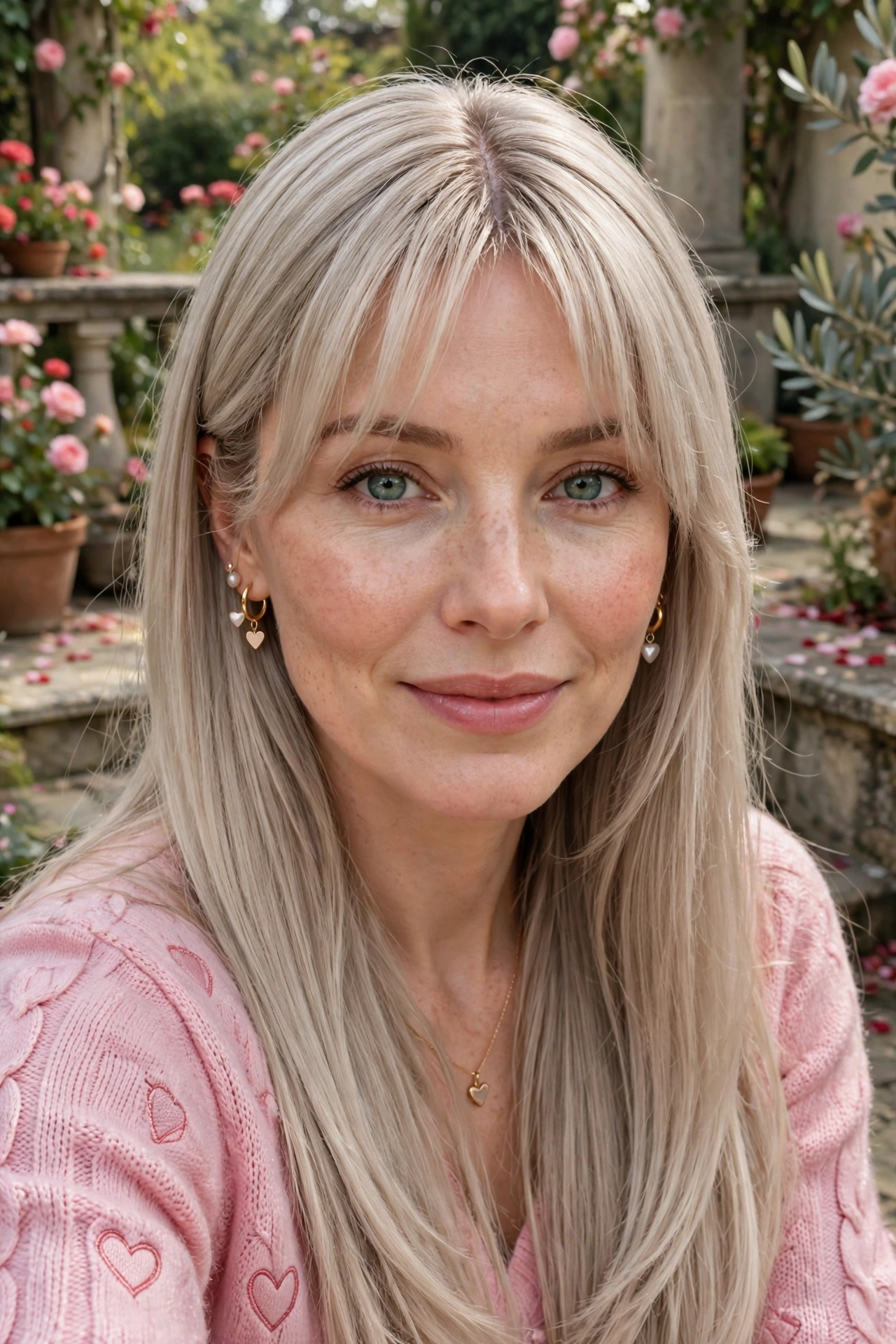 feathered airy bangs with straight glossy hair in ash blonde with centre part