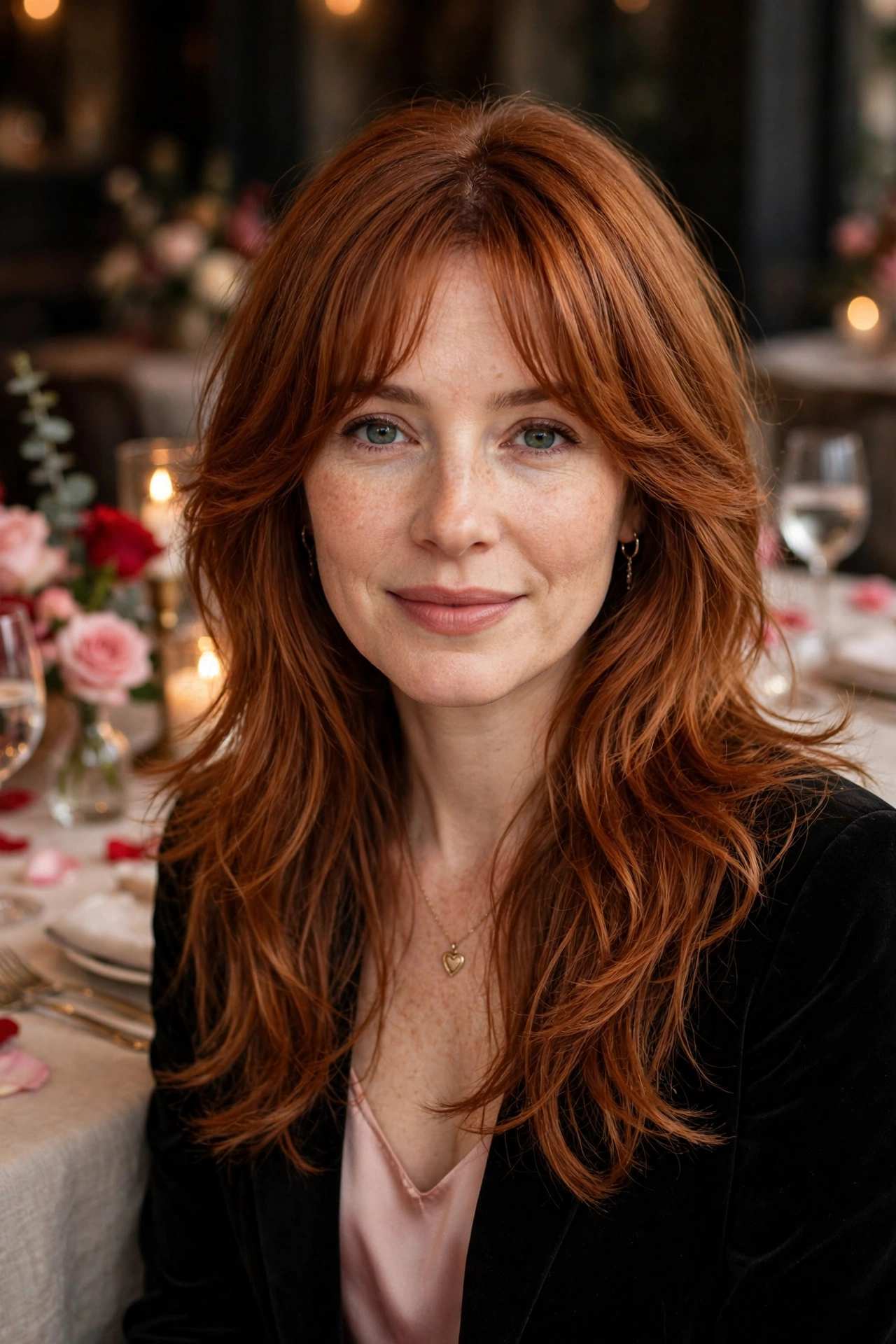 feathered airy bangs with soft curtain blending in warm auburn with feathered ends