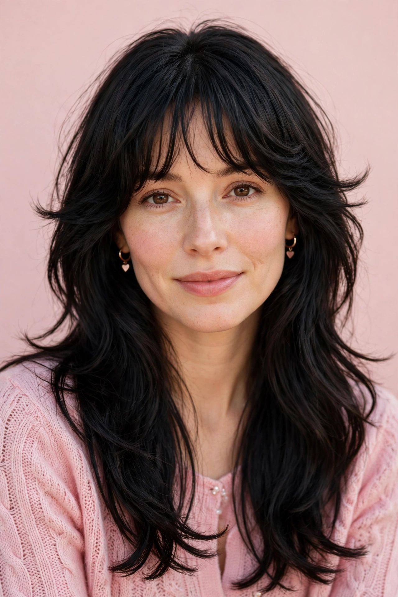 feathered airy bangs with layered ends in espresso black with brunch-soft finish