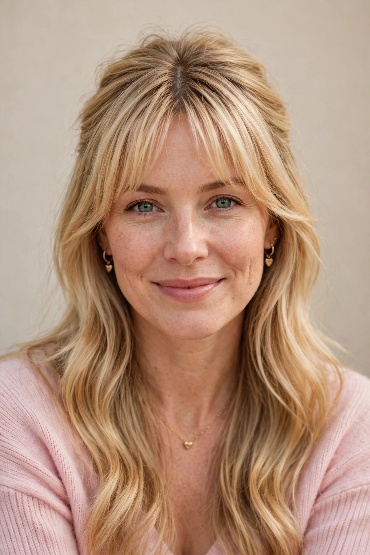 feathered airy bangs with gentle volume at the crown in honey blonde with centre part