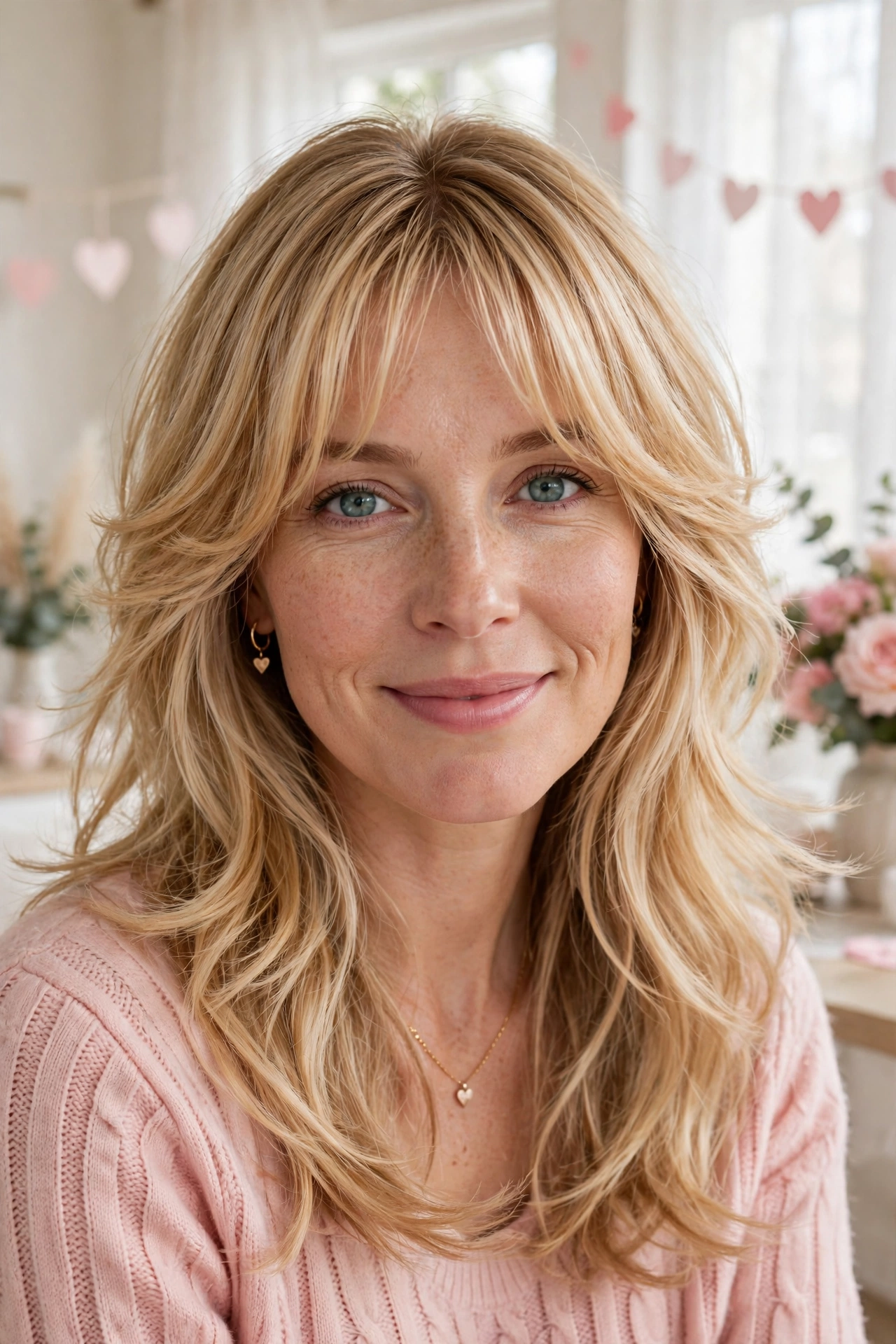 feathered airy bangs with face-framing layers in golden blonde with feathered ends