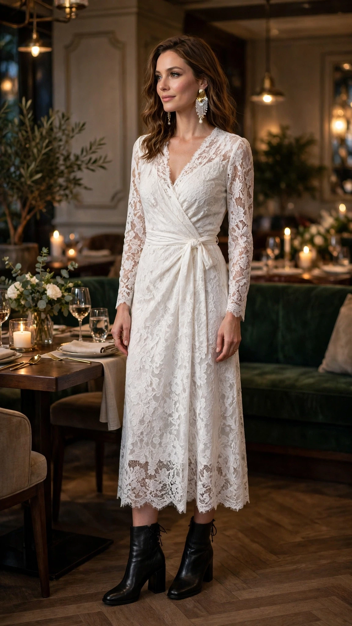 White lace wrap dress with block-heel ankle boots and statement earrings