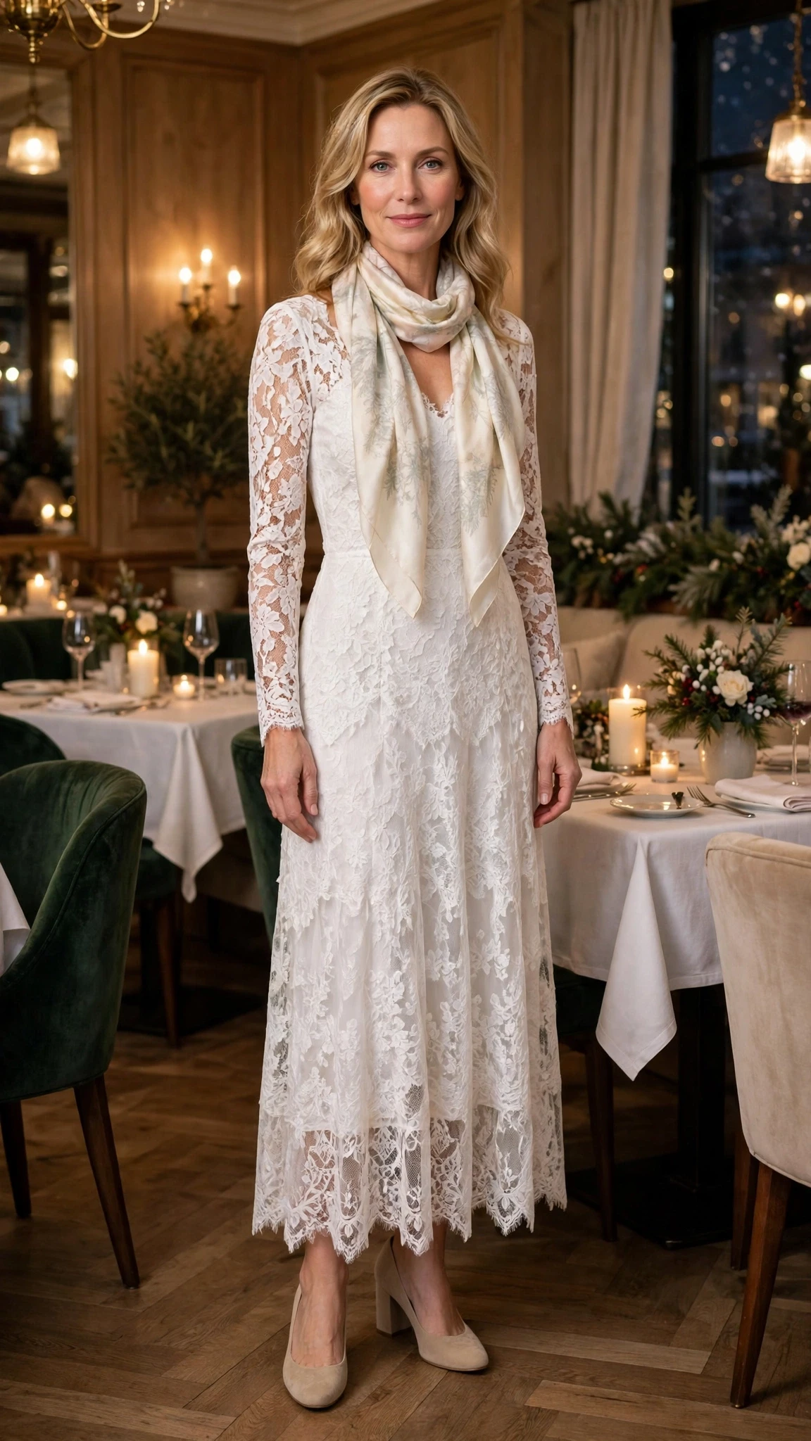 Winter white lace party dress with comfortable block heels and a silk scarf
