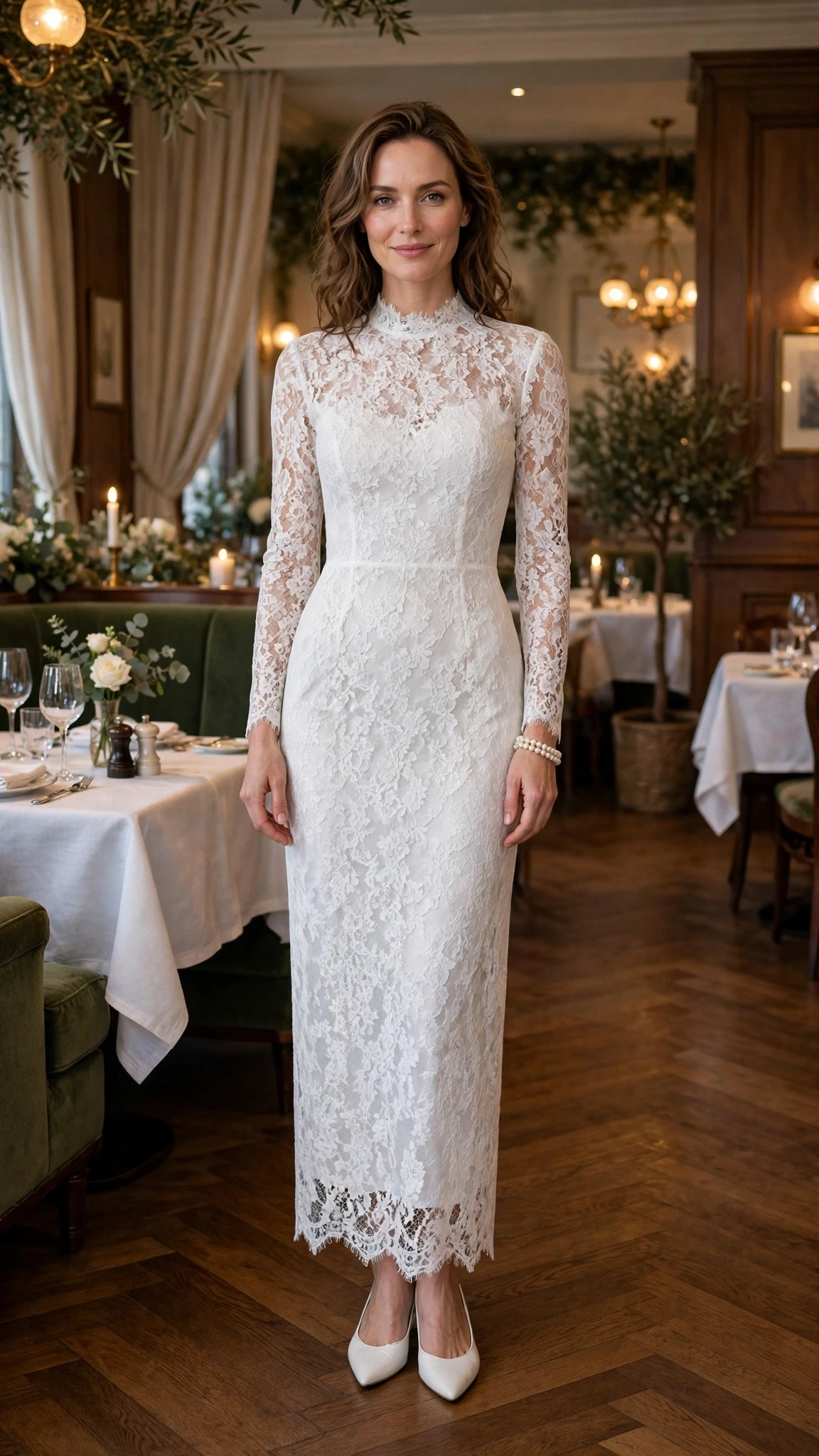 Winter white lace sheath dress with elegant pointed flats and a pearl bracelet