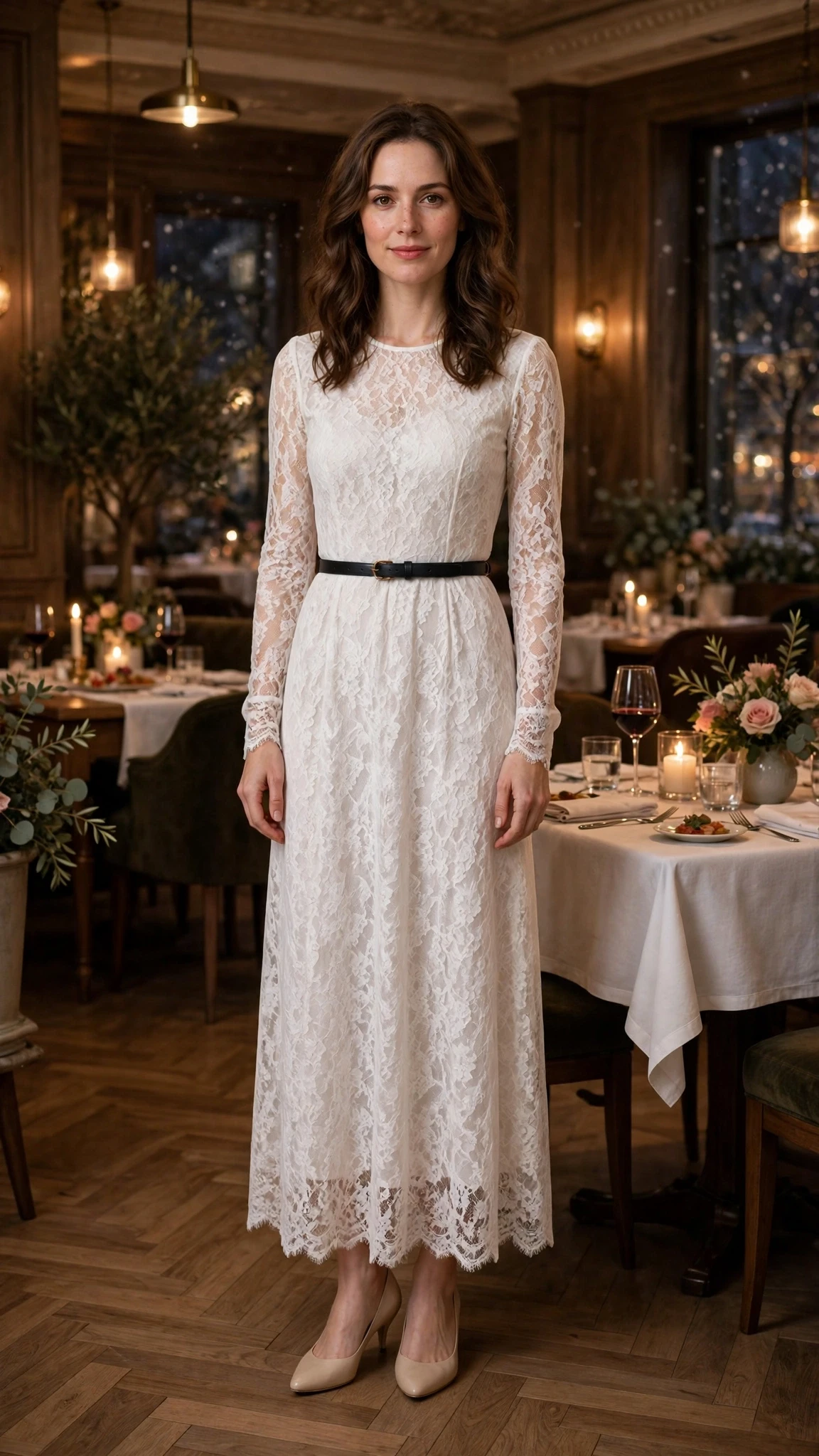 Winter white lace long-sleeve dress with kitten heels and a slim leather belt