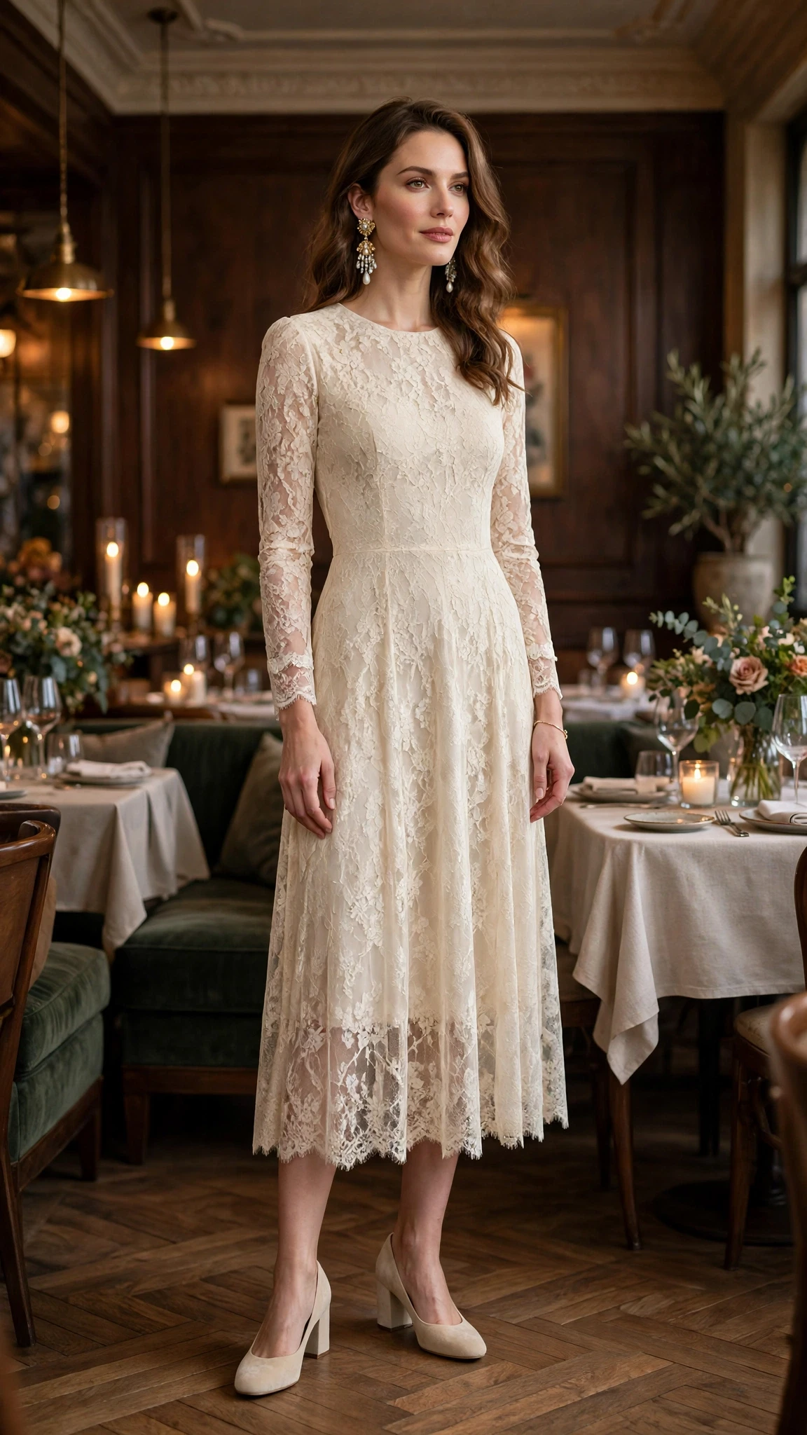 Cream lace long-sleeve dress with comfortable block heels and statement earrings