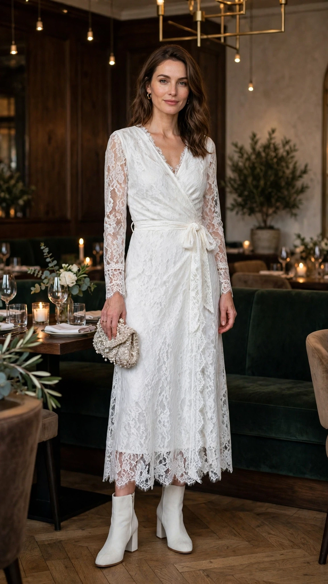 Winter white lace wrap dress with block-heel ankle boots and a beaded clutch