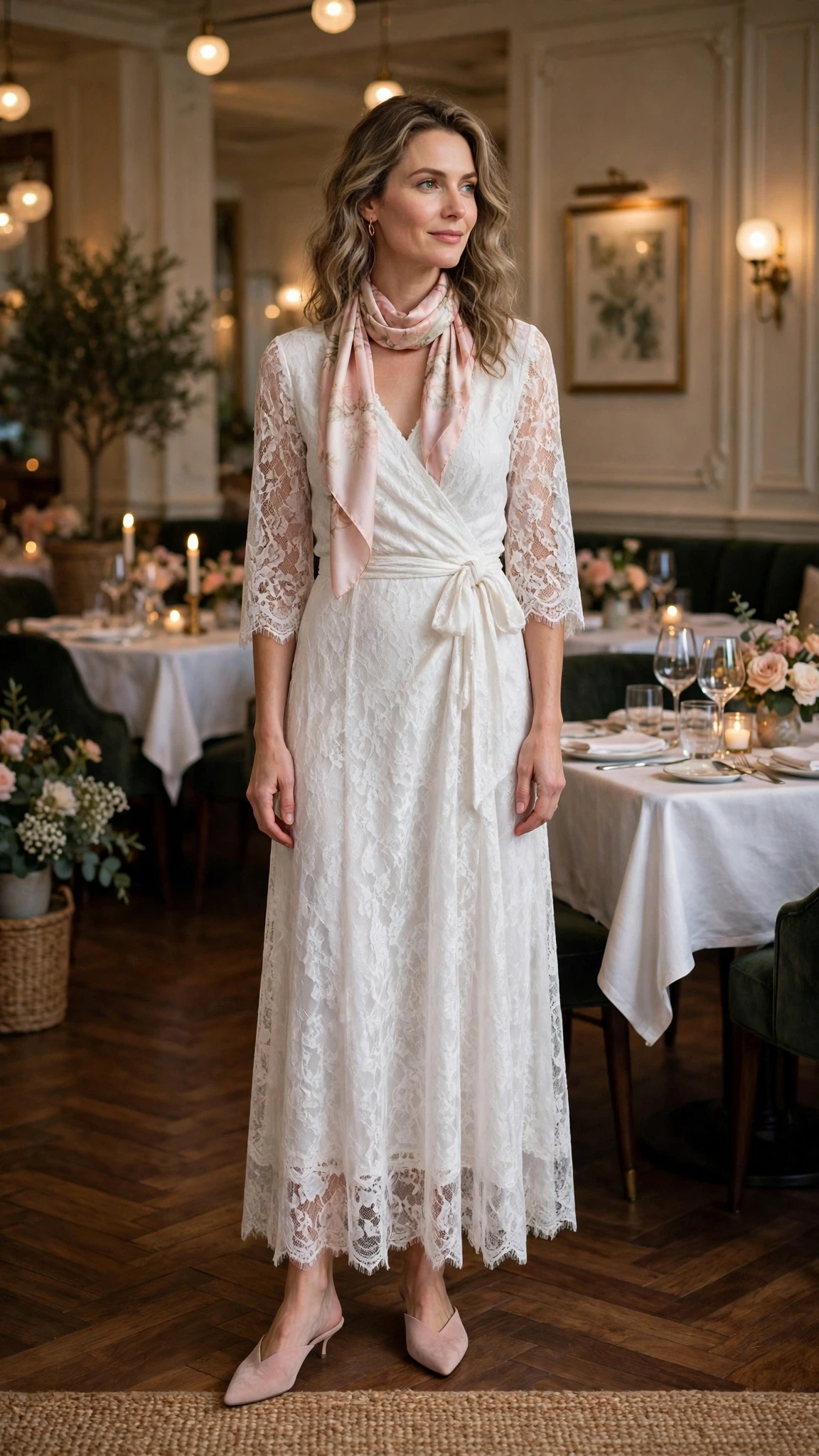 Soft white lace wrap dress with pointed mules and a silk scarf