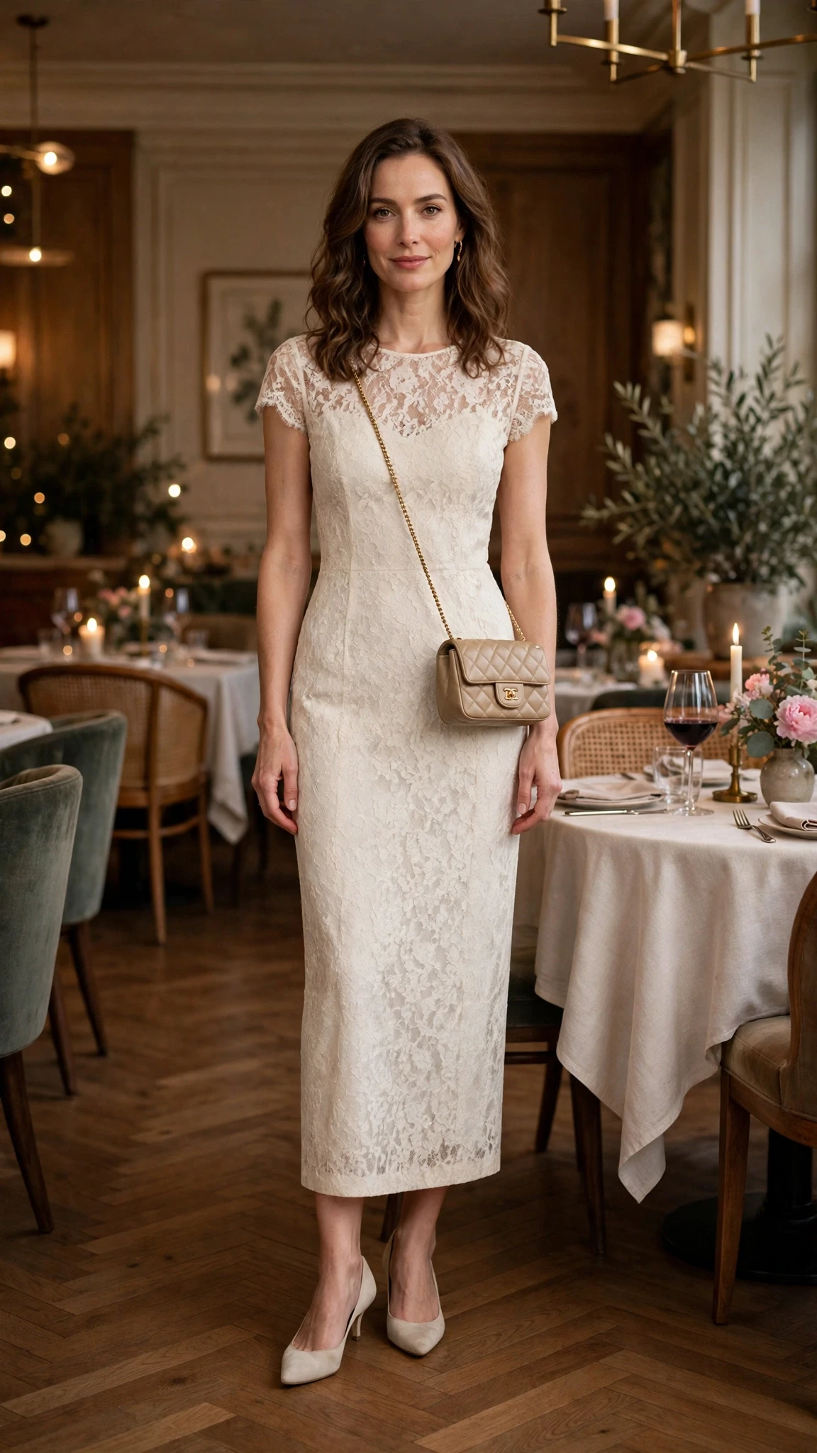 Ivory lace sheath dress with kitten heels and a chic crossbody bag