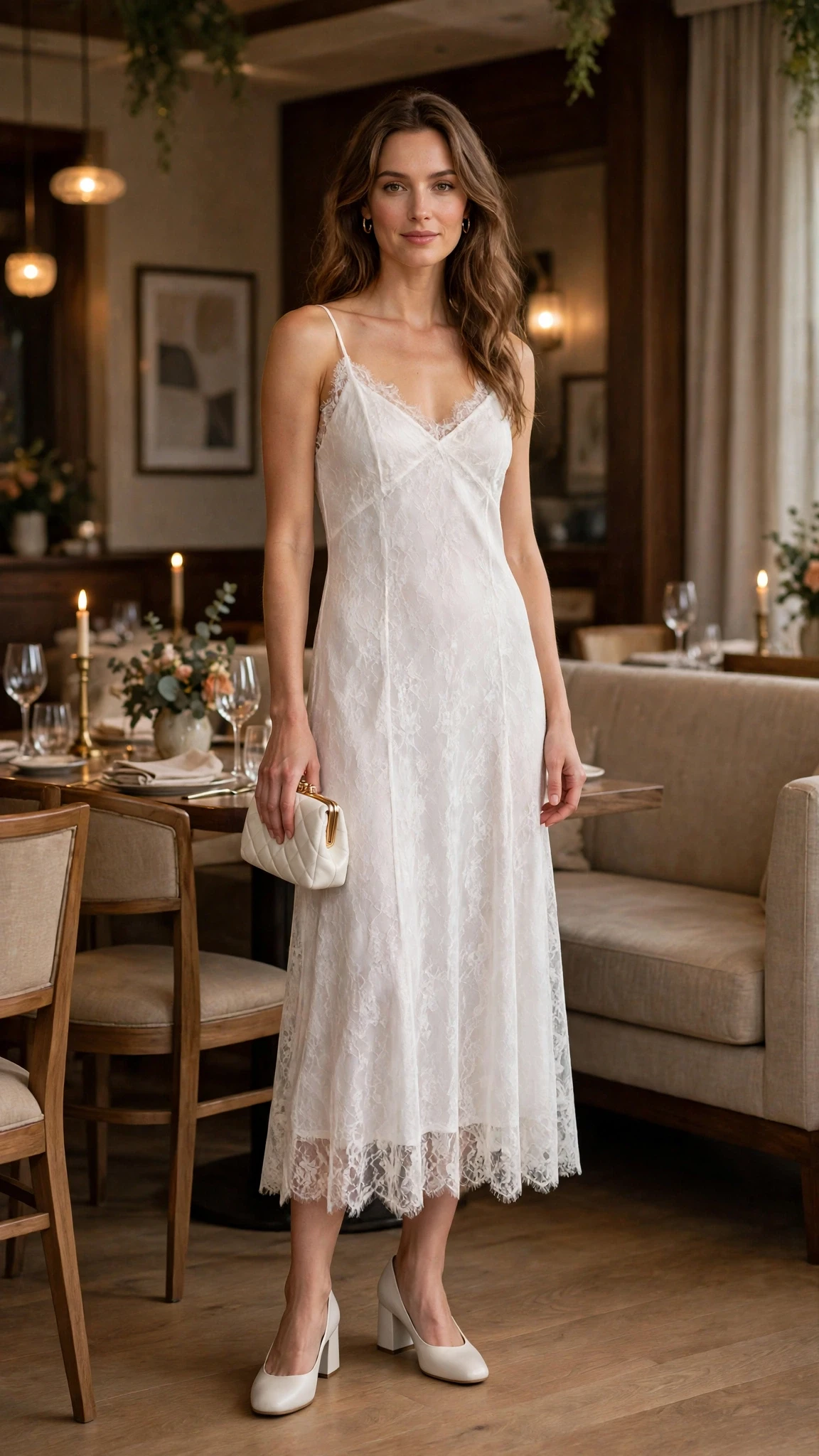 Soft white lace slip dress with comfortable block heels and a small structured clutch