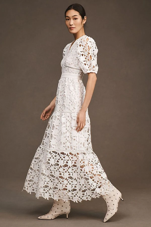 Winter white lace scalloped dress with block-heel ankle boots and a slim leather belt