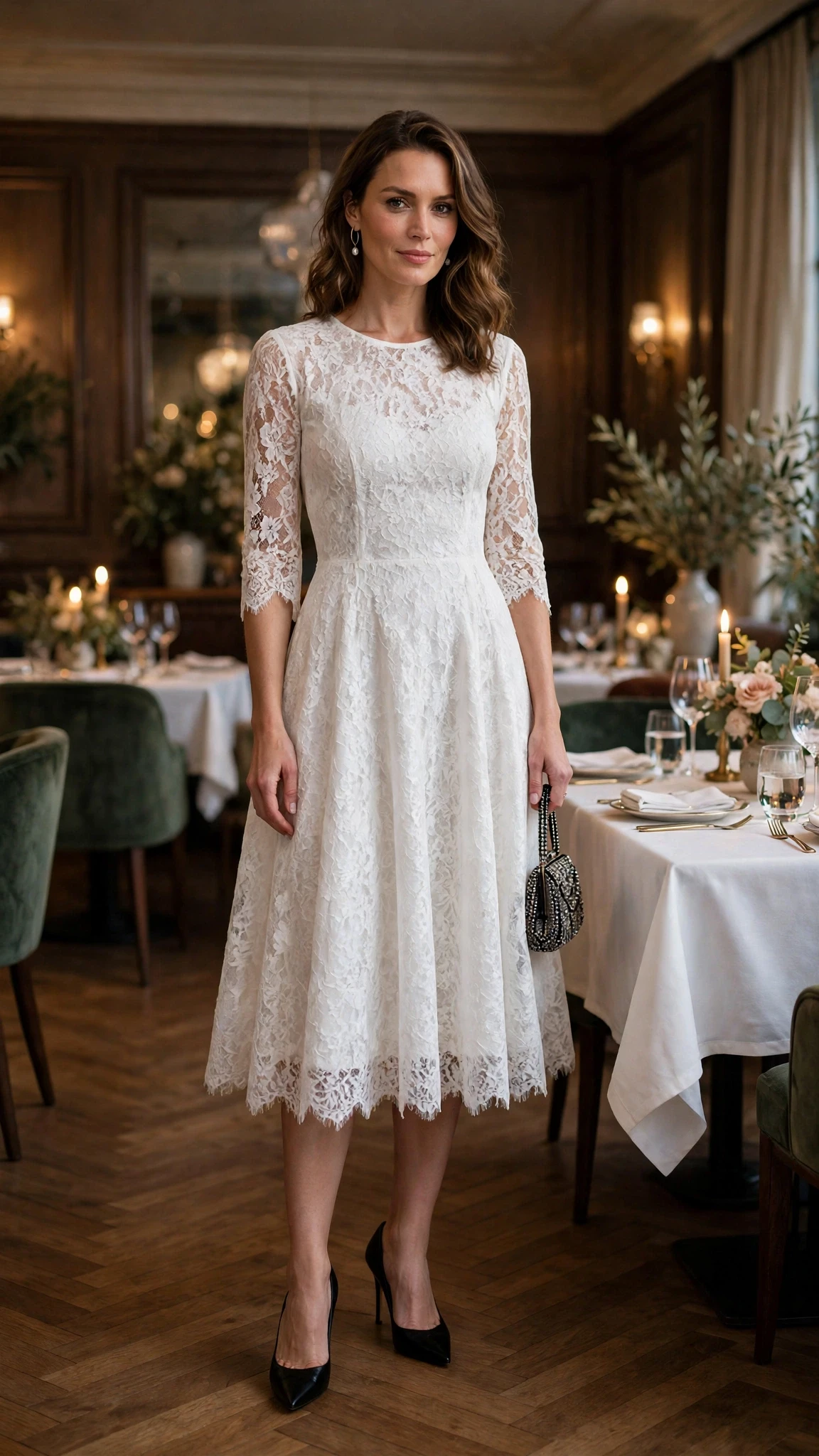 White lace tea-length dress with black pointed heels and a beaded clutch