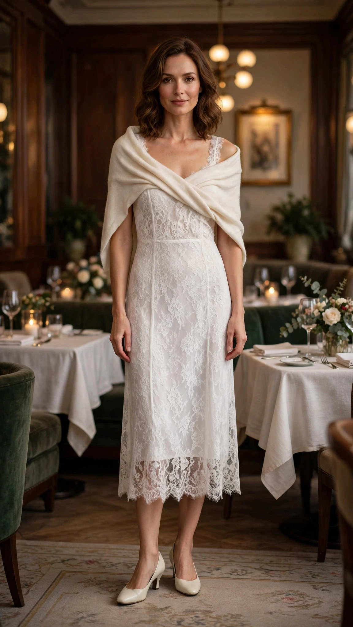 Winter white lace slip dress with low-heeled pumps and a cashmere wrap