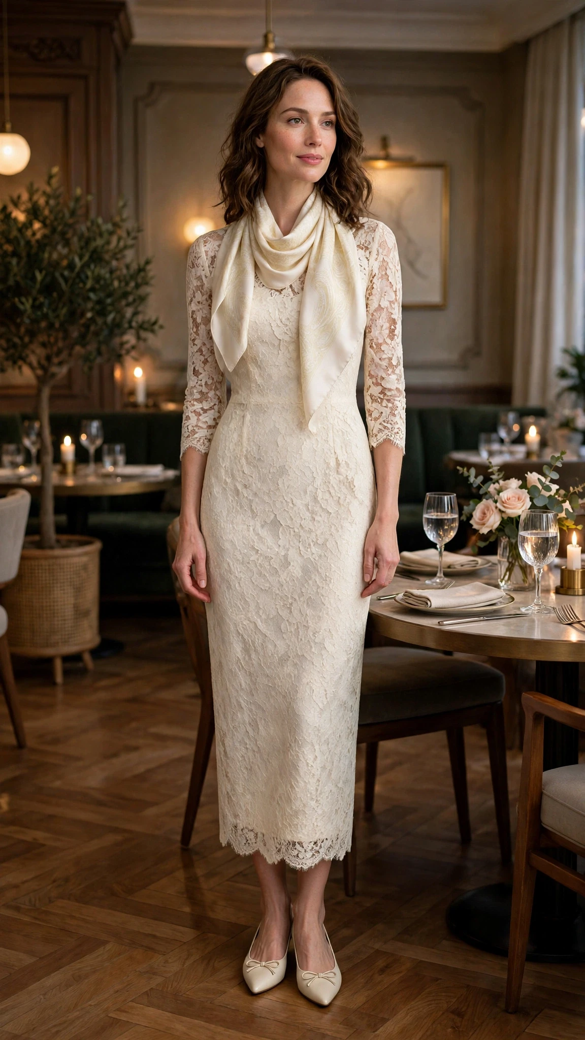 Cream lace sheath dress with elegant pointed flats and a silk scarf