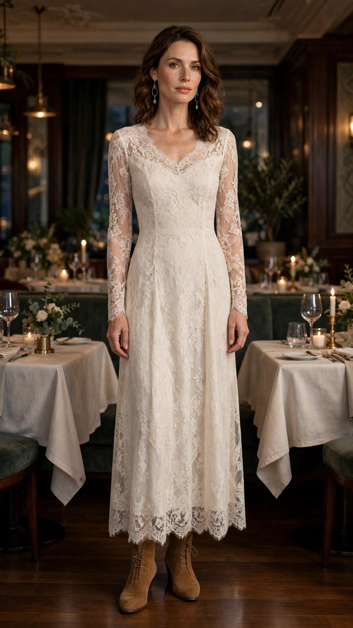 Ivory lace long-sleeve dress with suede ankle boots and silver drop earrings