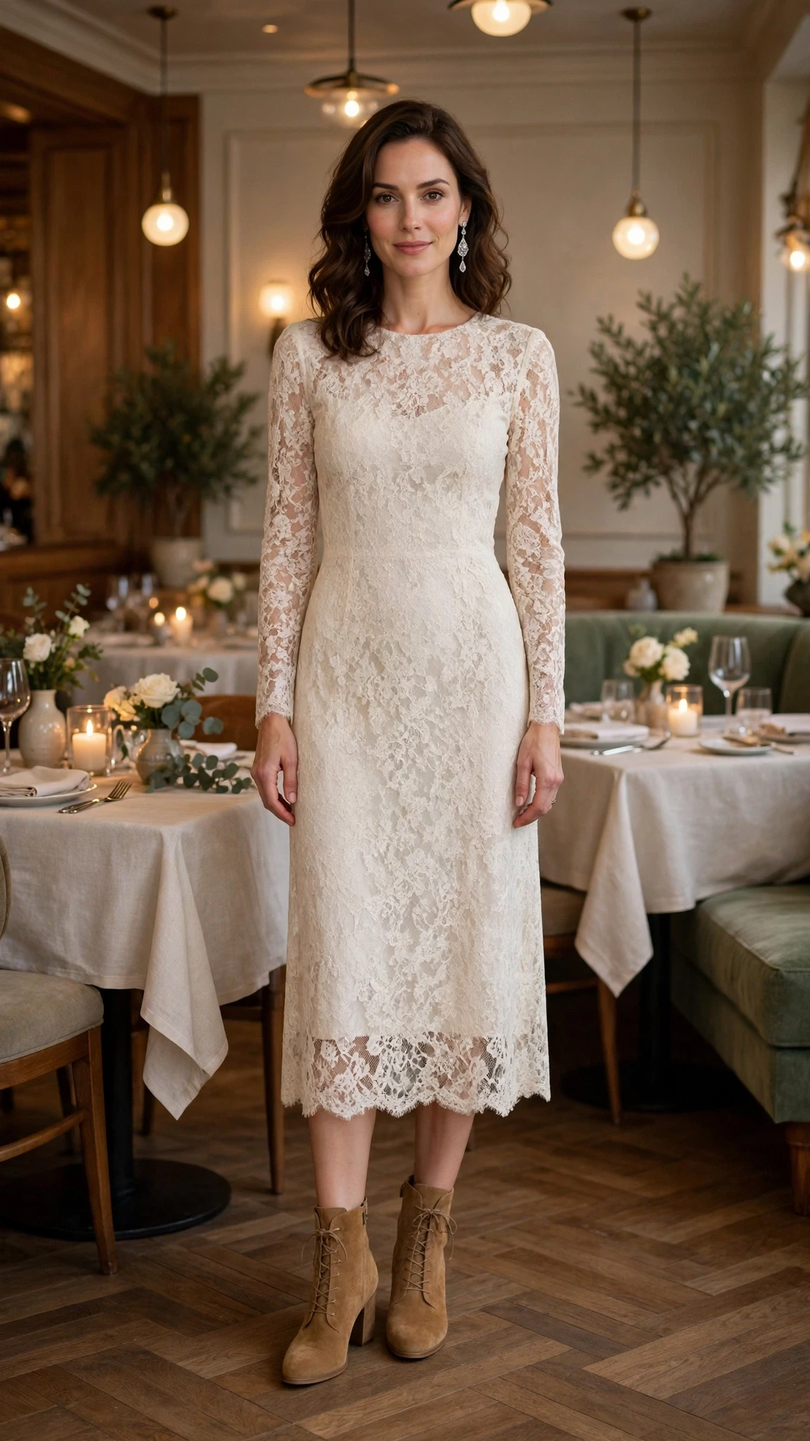 Ivory lace midi dress with suede ankle boots and silver drop earrings