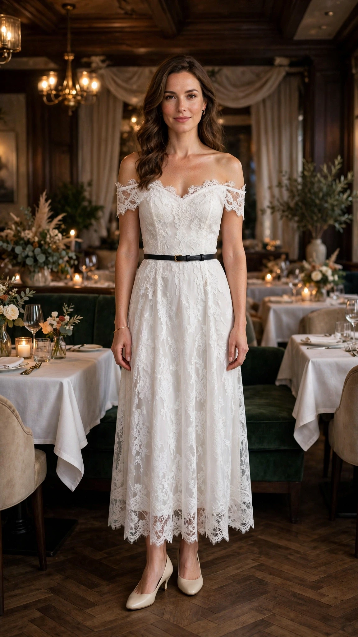 Winter white lace off-shoulder dress with low-heeled pumps and a slim leather belt