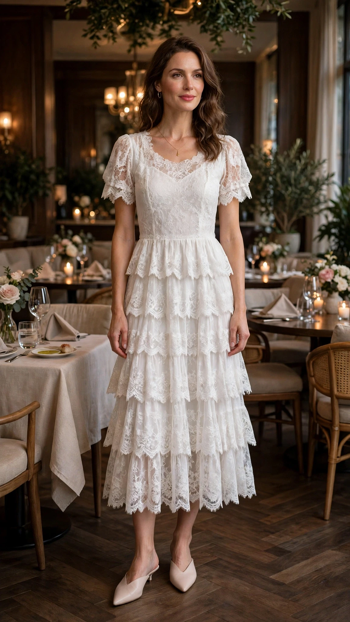 Soft white lace tiered dress with pointed mules and a delicate gold necklace