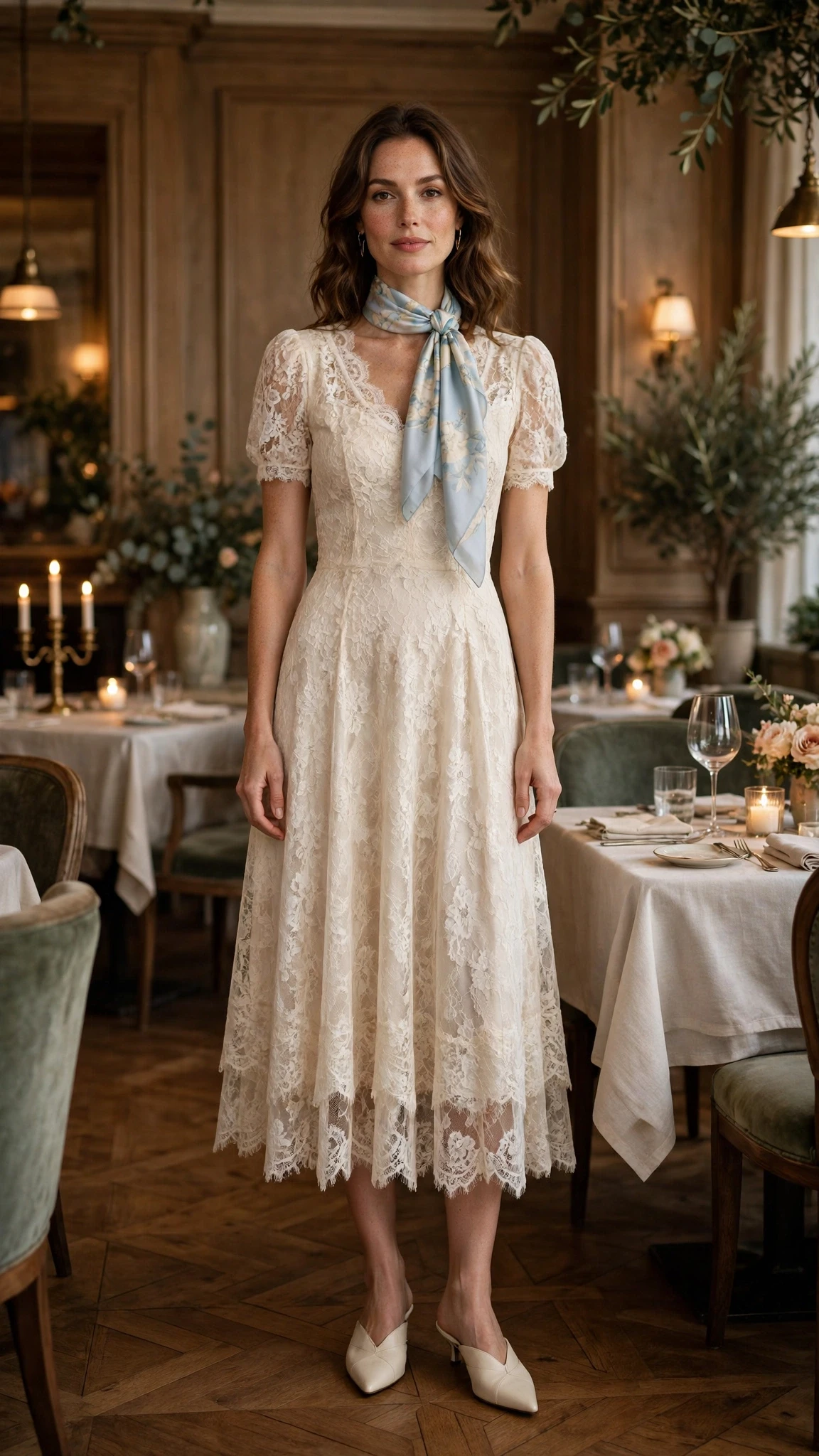 Cream lace party dress with pointed mules and a silk scarf