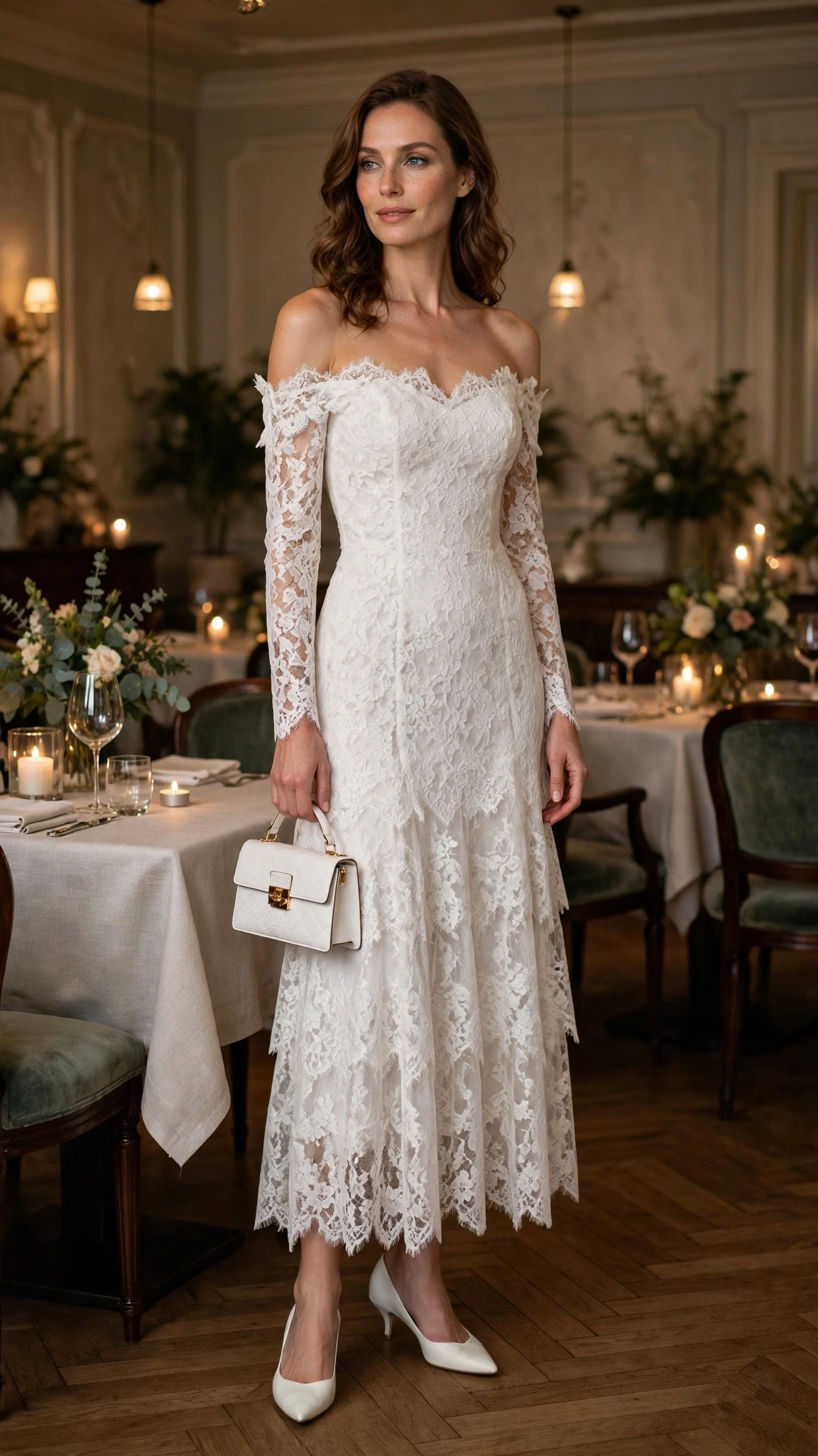 Winter white lace off-shoulder dress with kitten heels and a small structured clutch